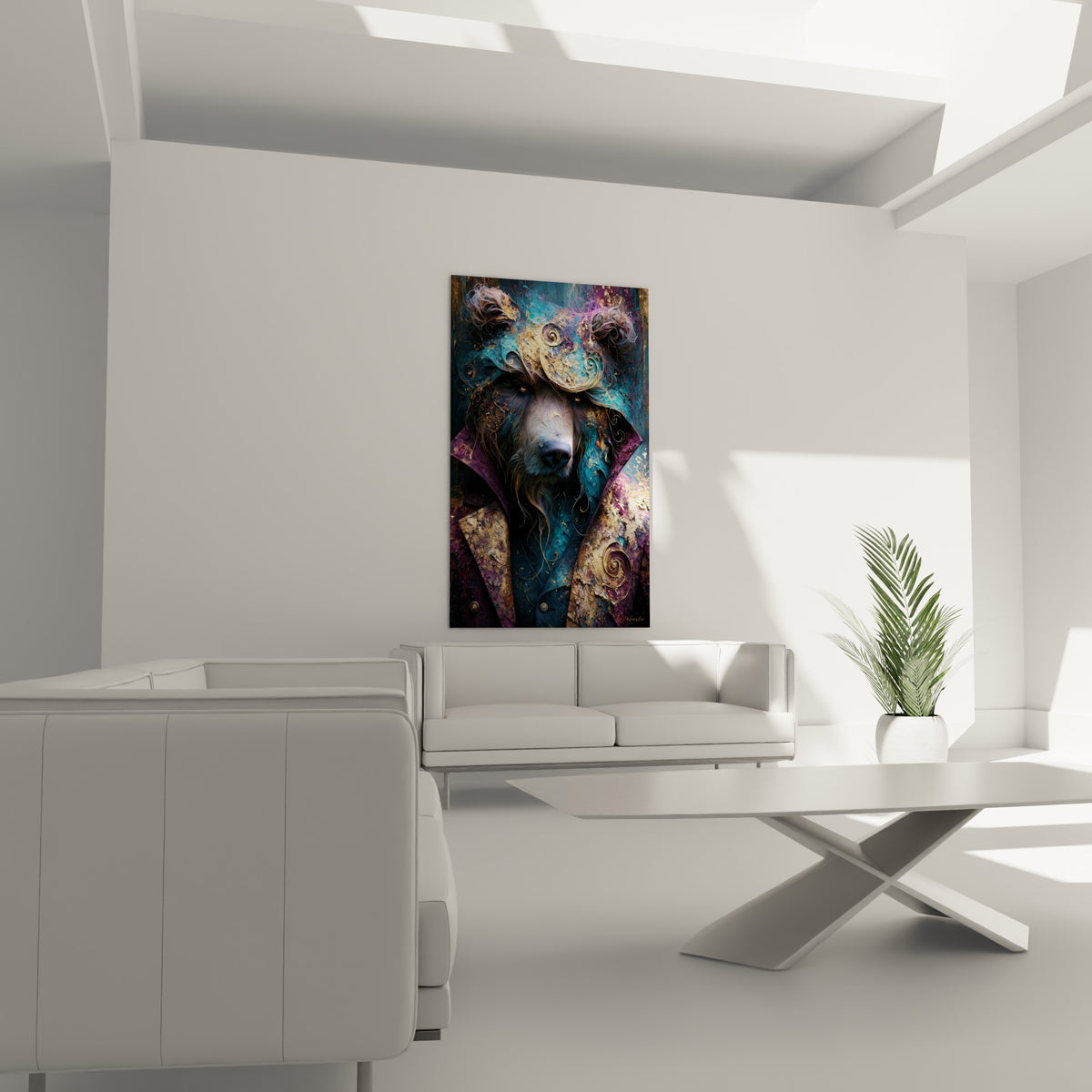 Ours brun orné de volutes dorées et de bleu profond, suspendu au-dessus d'un canapé dans un salon lumineux