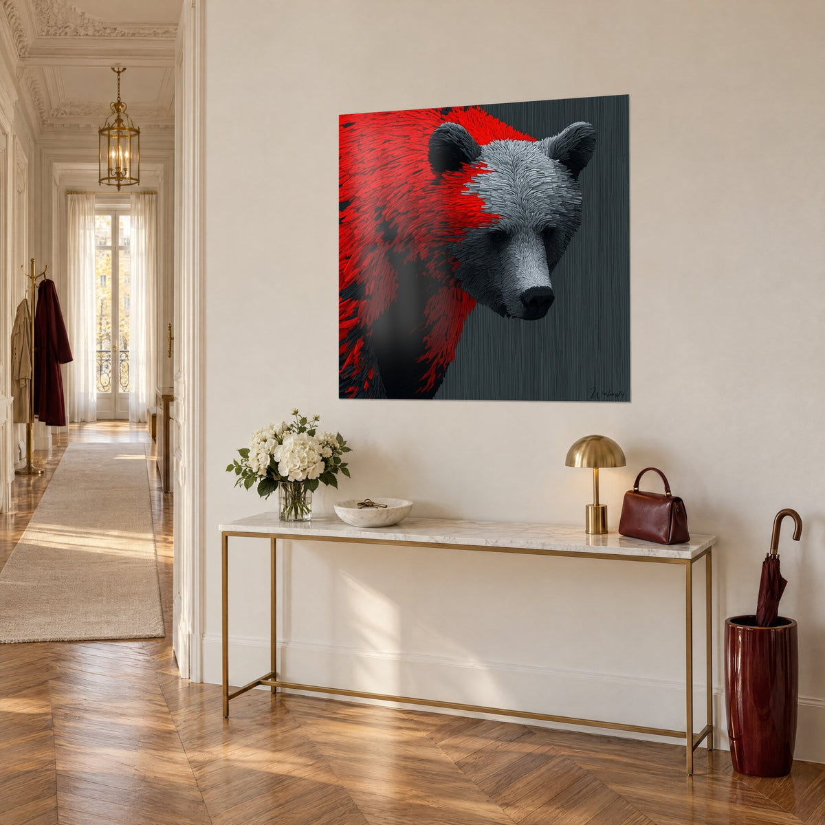 Wall art grizzly with scarlet and ash-grey fur tufts, streaked charcoal background, on a cream Haussmann-style wall