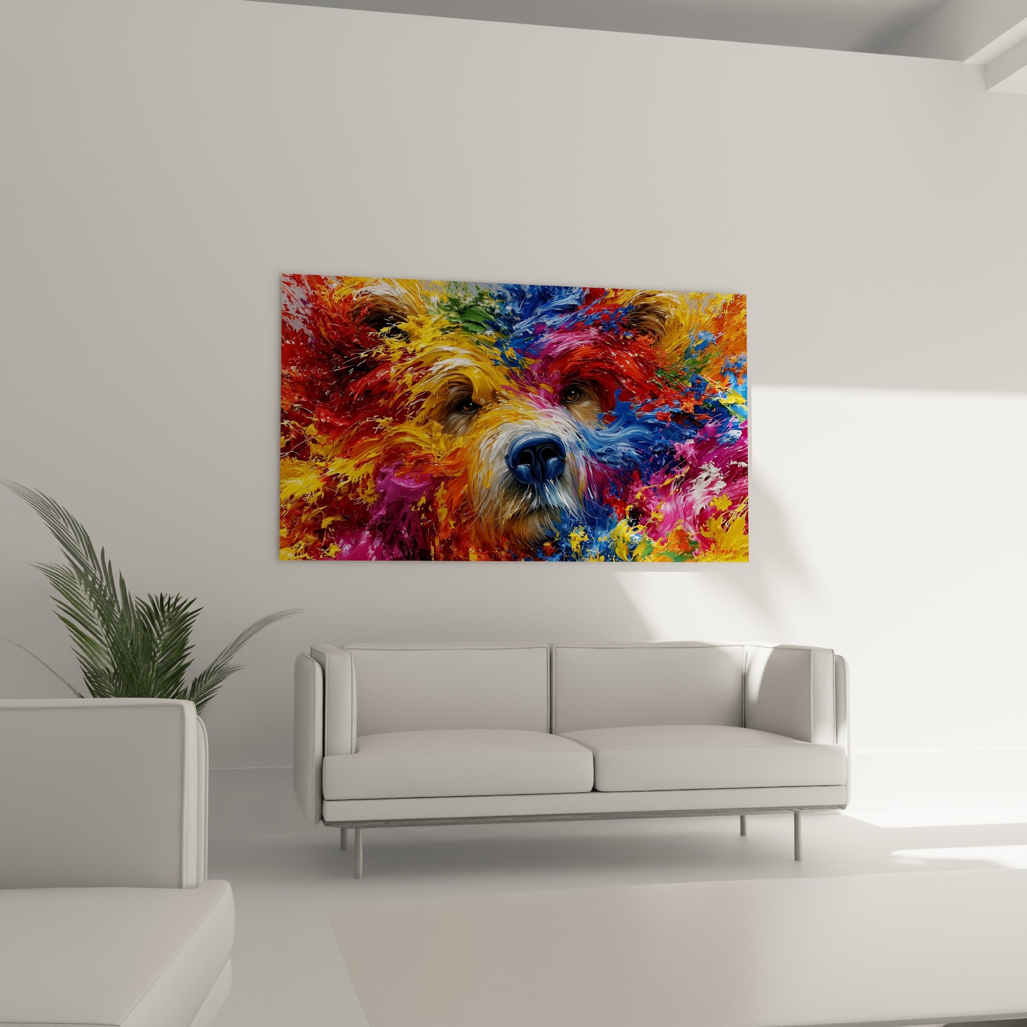 Regard perçant de l'ours brun cerné de bleu et de rouge vif, au-dessus d'un canapé dans un salon lumineux