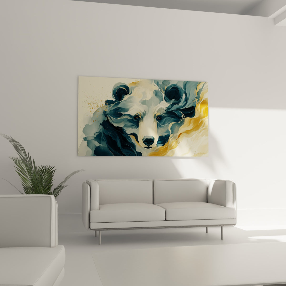 Yeux sombres d'ours brun émergeant de volutes bleu marine et dorées, au-dessus d'un canapé dans un salon lumineux