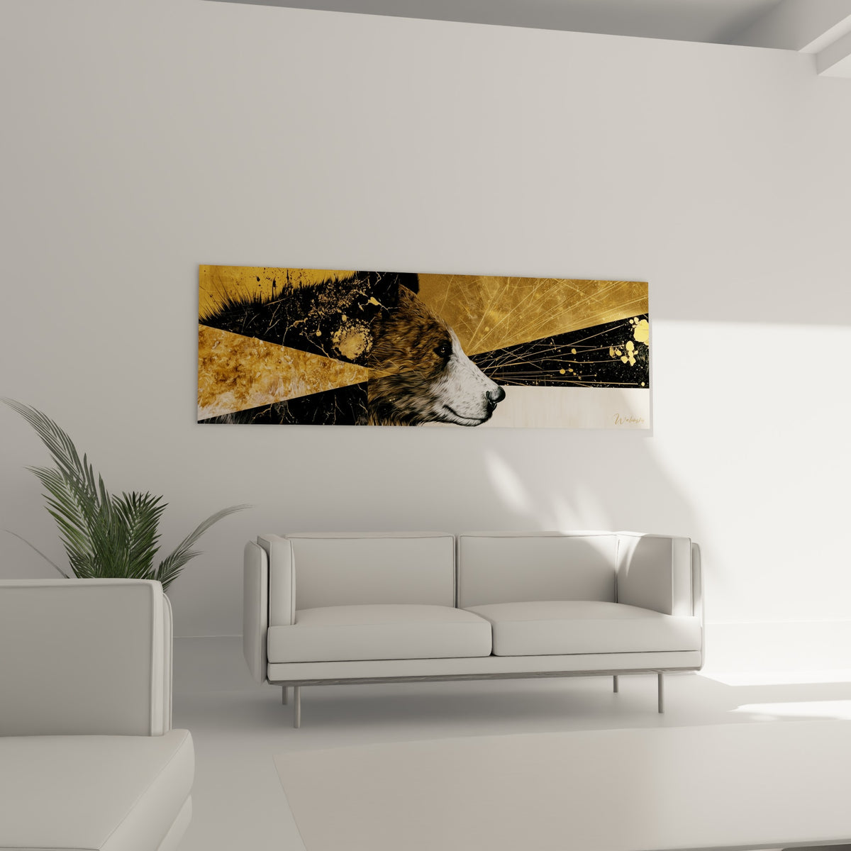 Regard perçant de l'ours brun entouré de blocs dorés et noirs, au-dessus d'un canapé dans un salon lumineux
