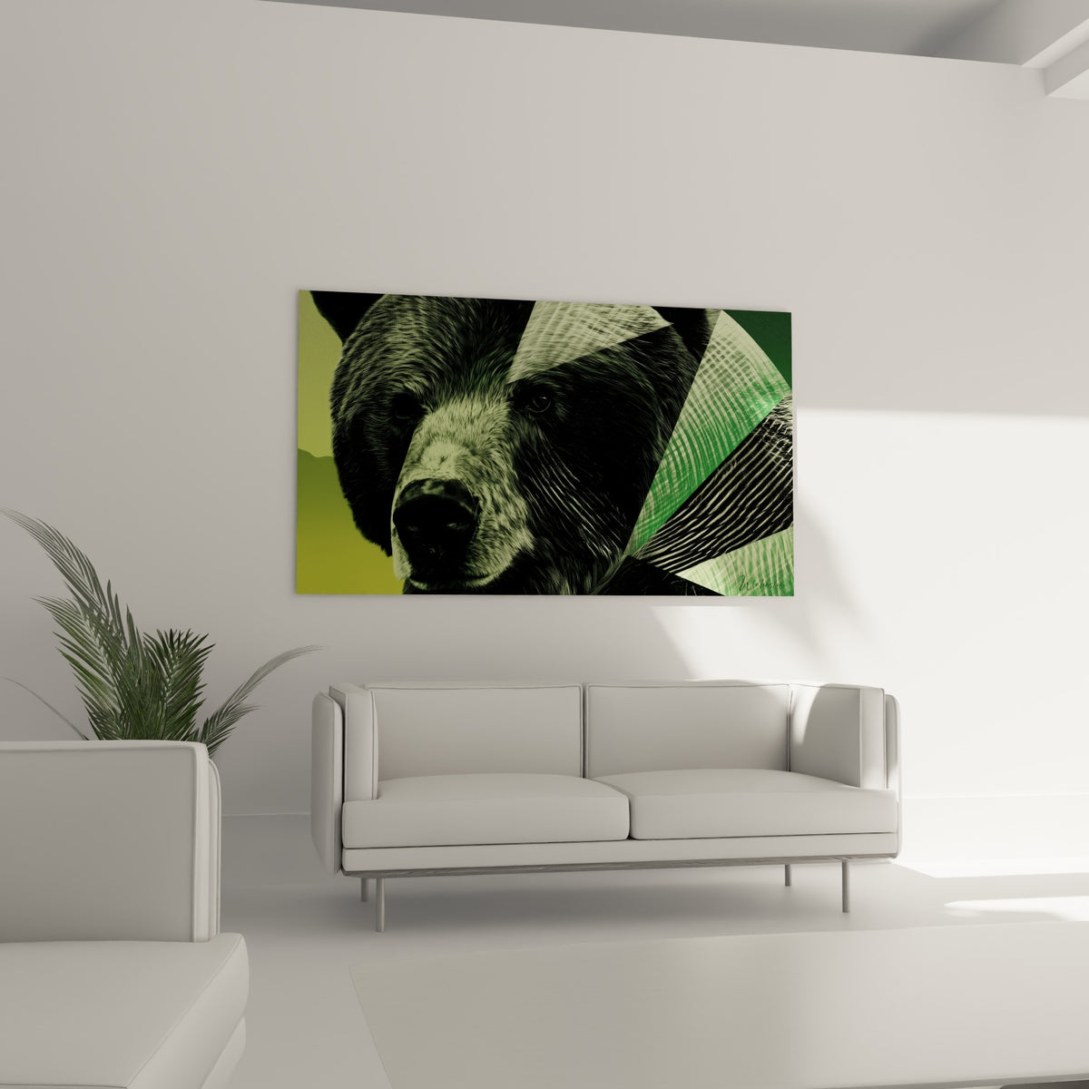 Regard sombre de l'ours brun sur fond vert sauge et noir, accroché au-dessus d'un canapé dans un salon lumineux
