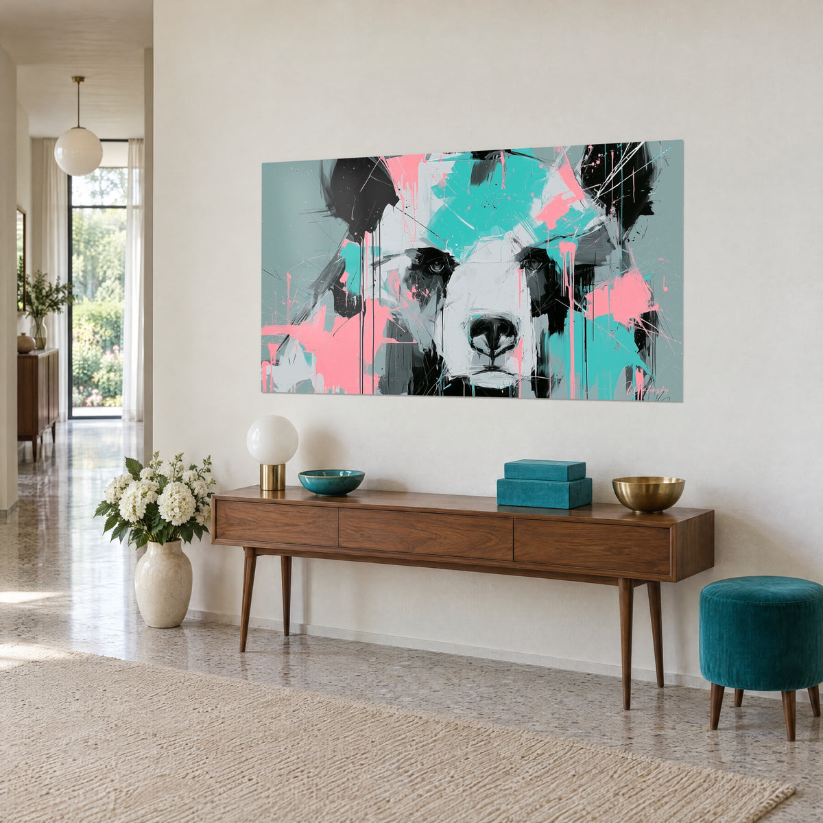 Quadro ritratto di orso dal pelo bianco e nero, colature rosa e macchie turchesi, su una parete beige con console in legno