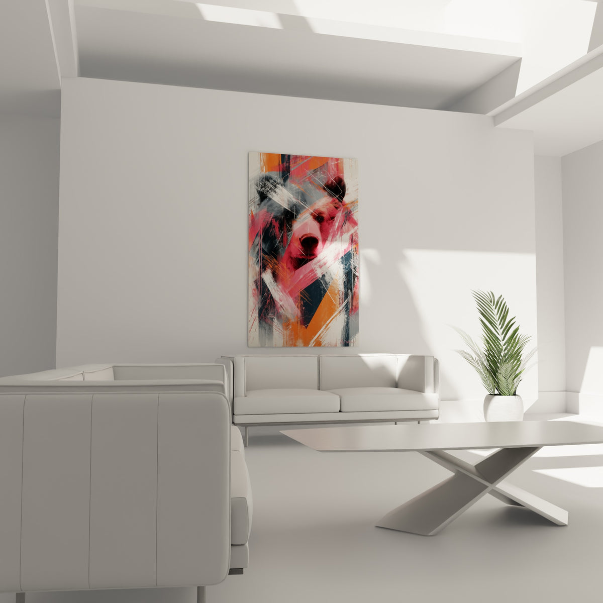 Regard sombre de l'ours brun percant à travers un fond orange et gris, au-dessus d'un canapé dans un salon lumineux