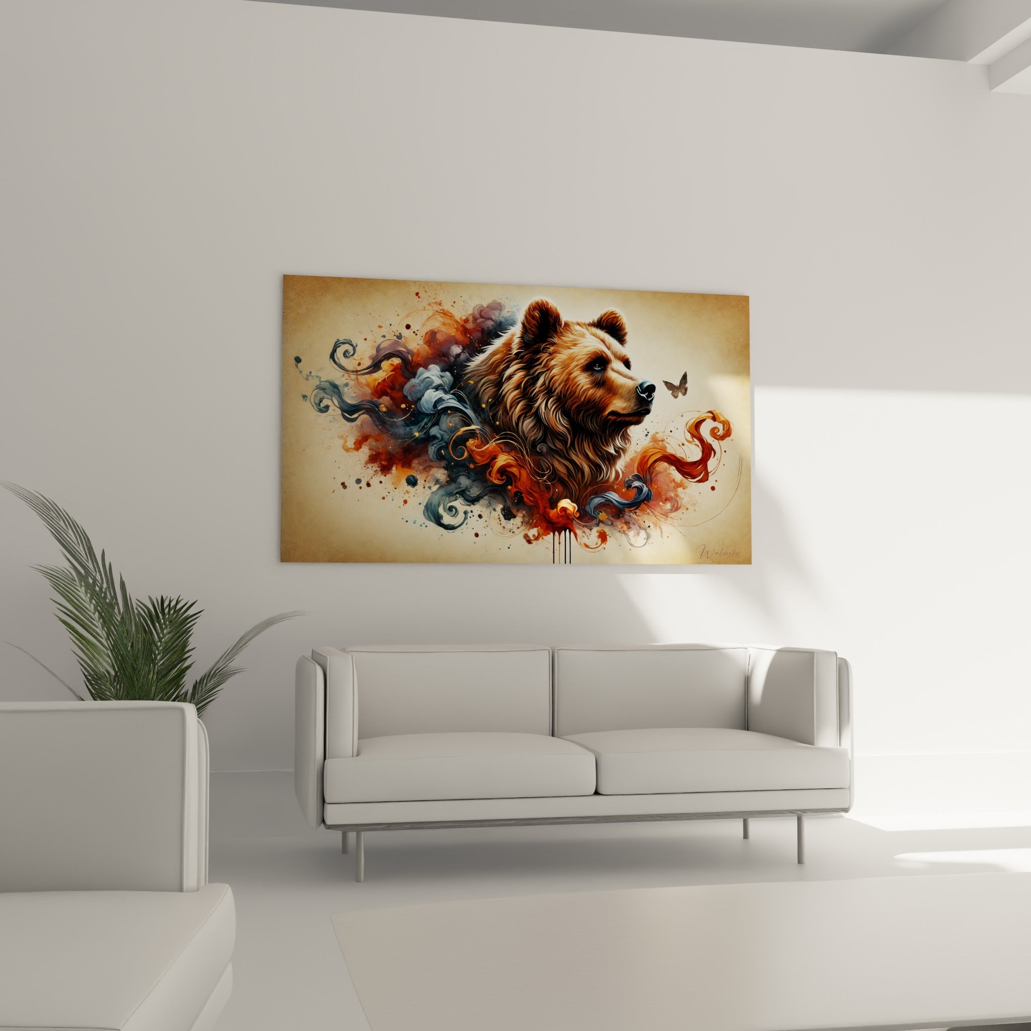 Ours brun au regard perçant dans des tourbillons terracotta, au-dessus d'un canapé dans un salon lumineux