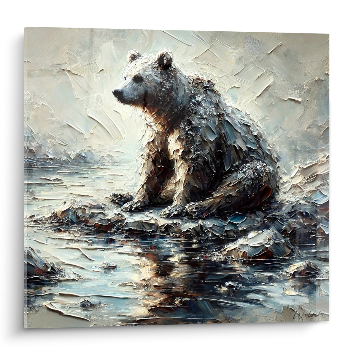 Ours brun anthracite et blanc assis sur un rocher givré, pelage texturé au couteau