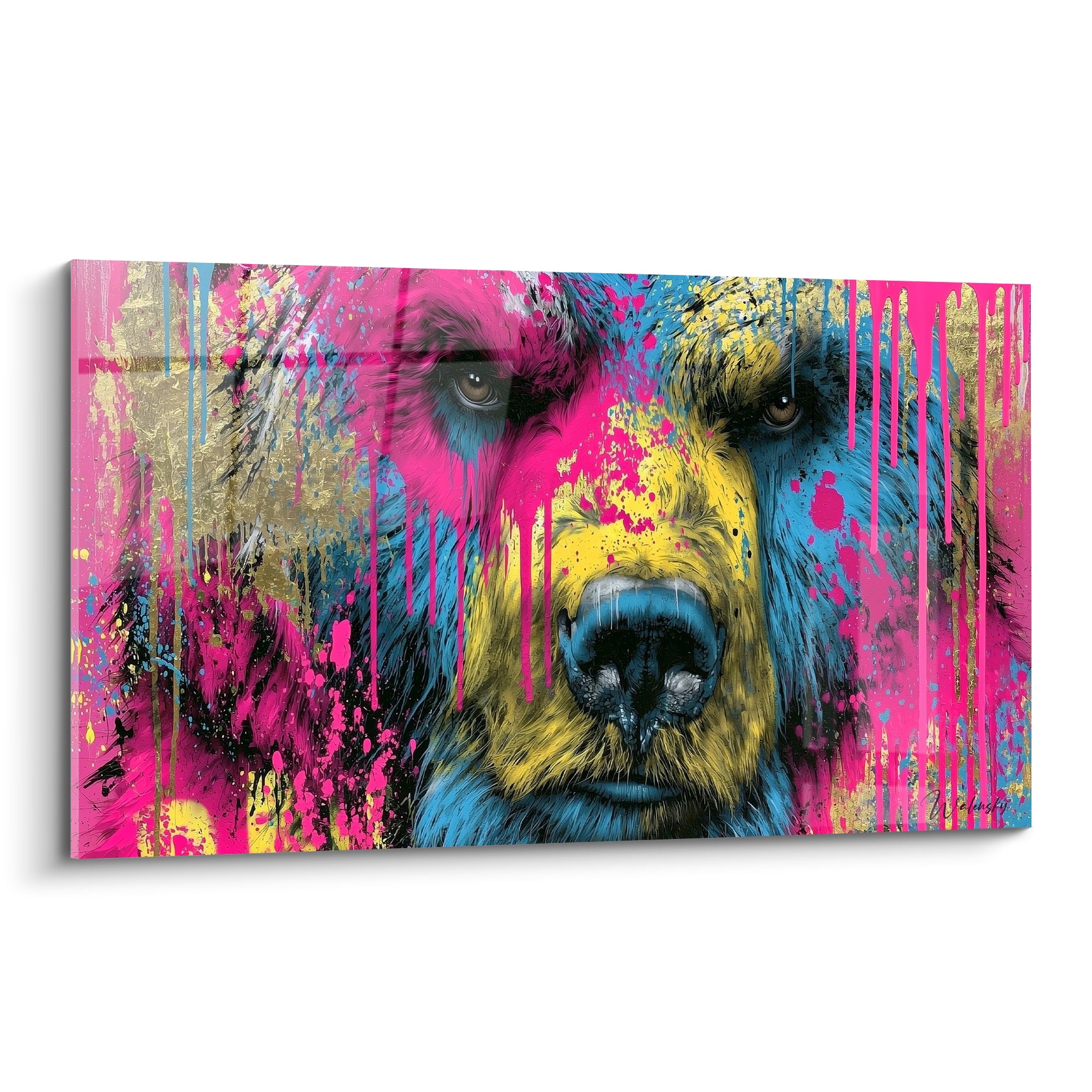 Ours brun au regard perçant, éclaboussures rose fluo, bleu et doré façon street art