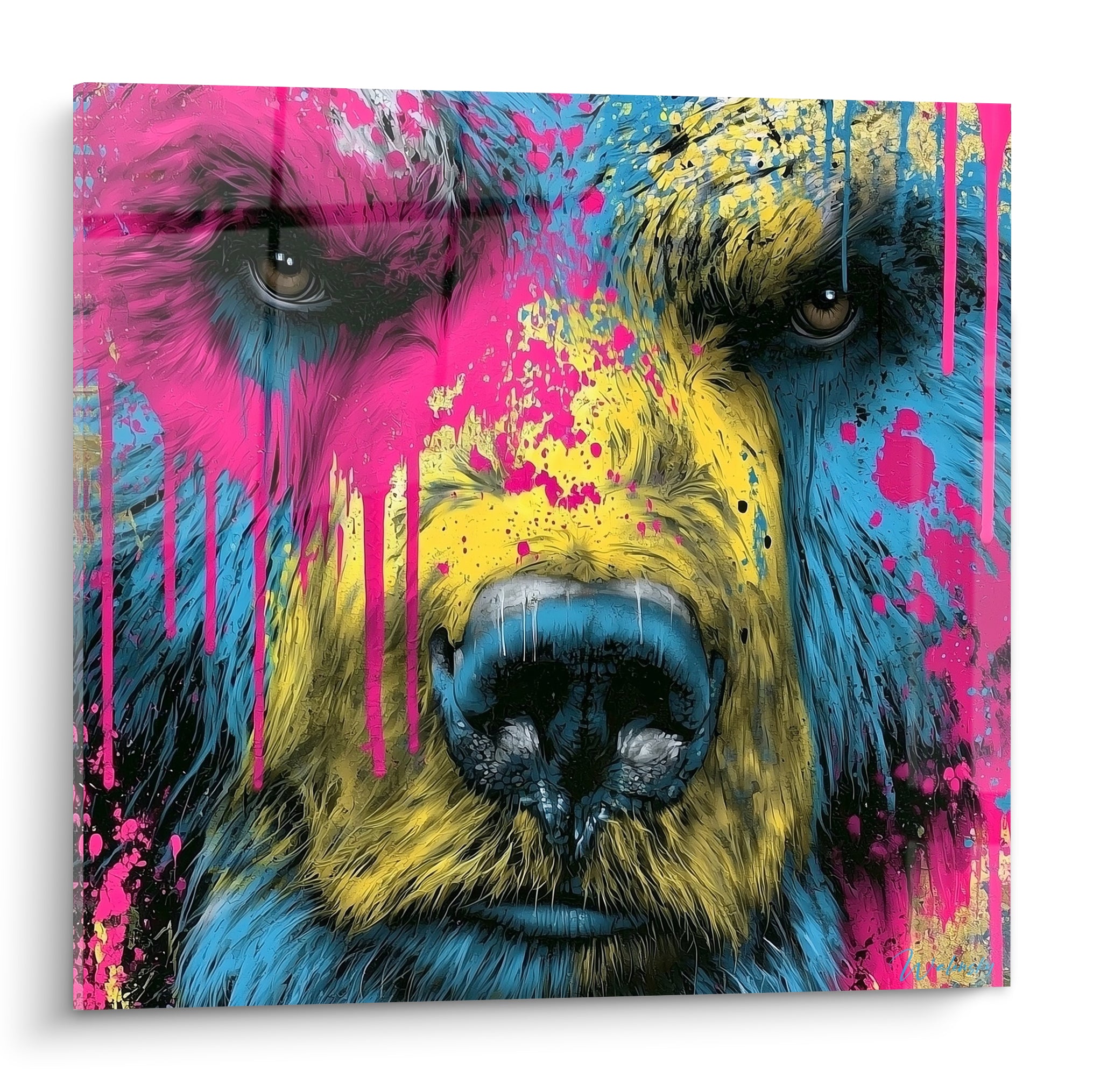 Ours brun au regard sombre, museau éclaboussé de rose fuchsia et jaune vif, style graffiti