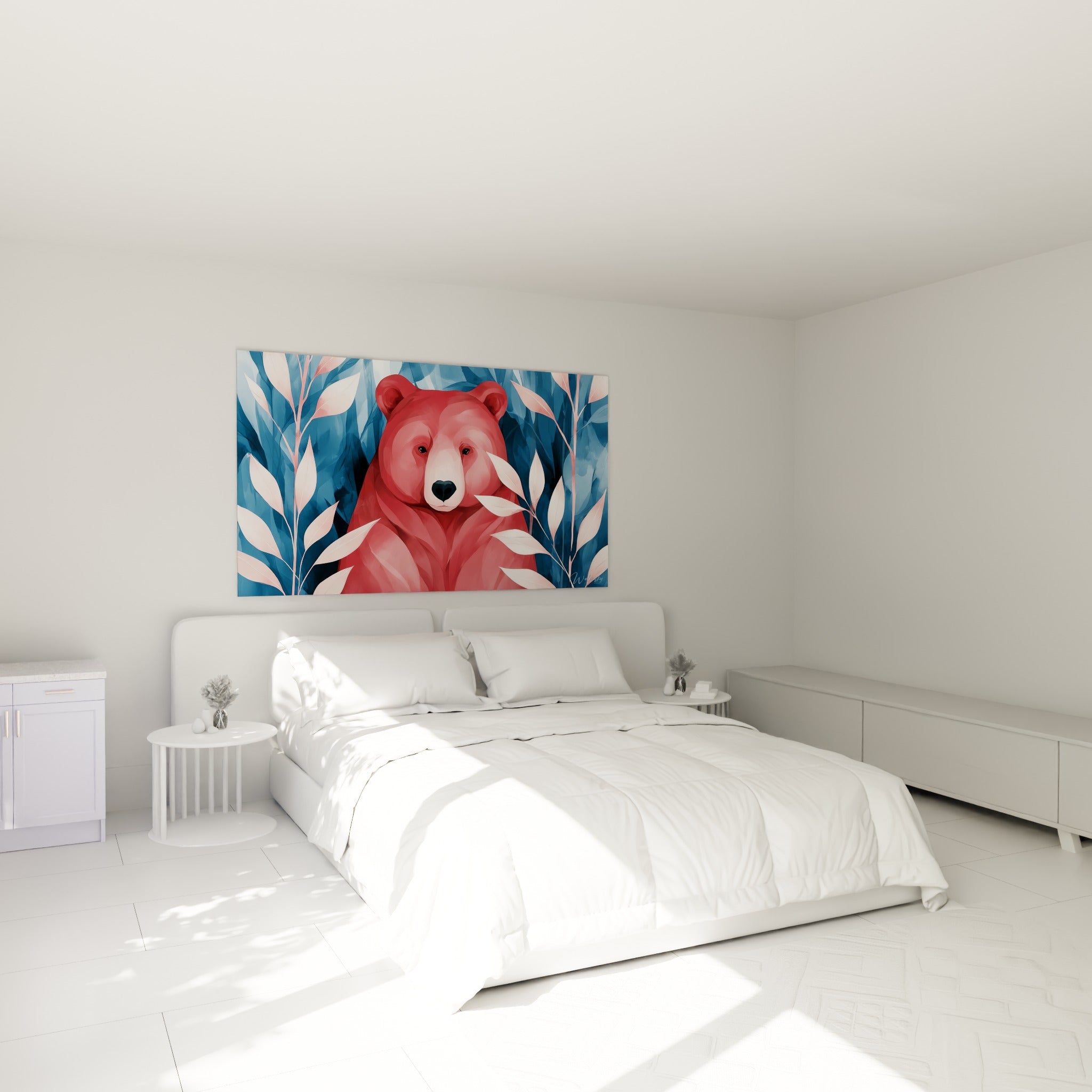 Ours corail et rose pâle veillant parmi les feuillages, accroché au-dessus d'un lit dans une chambre claire