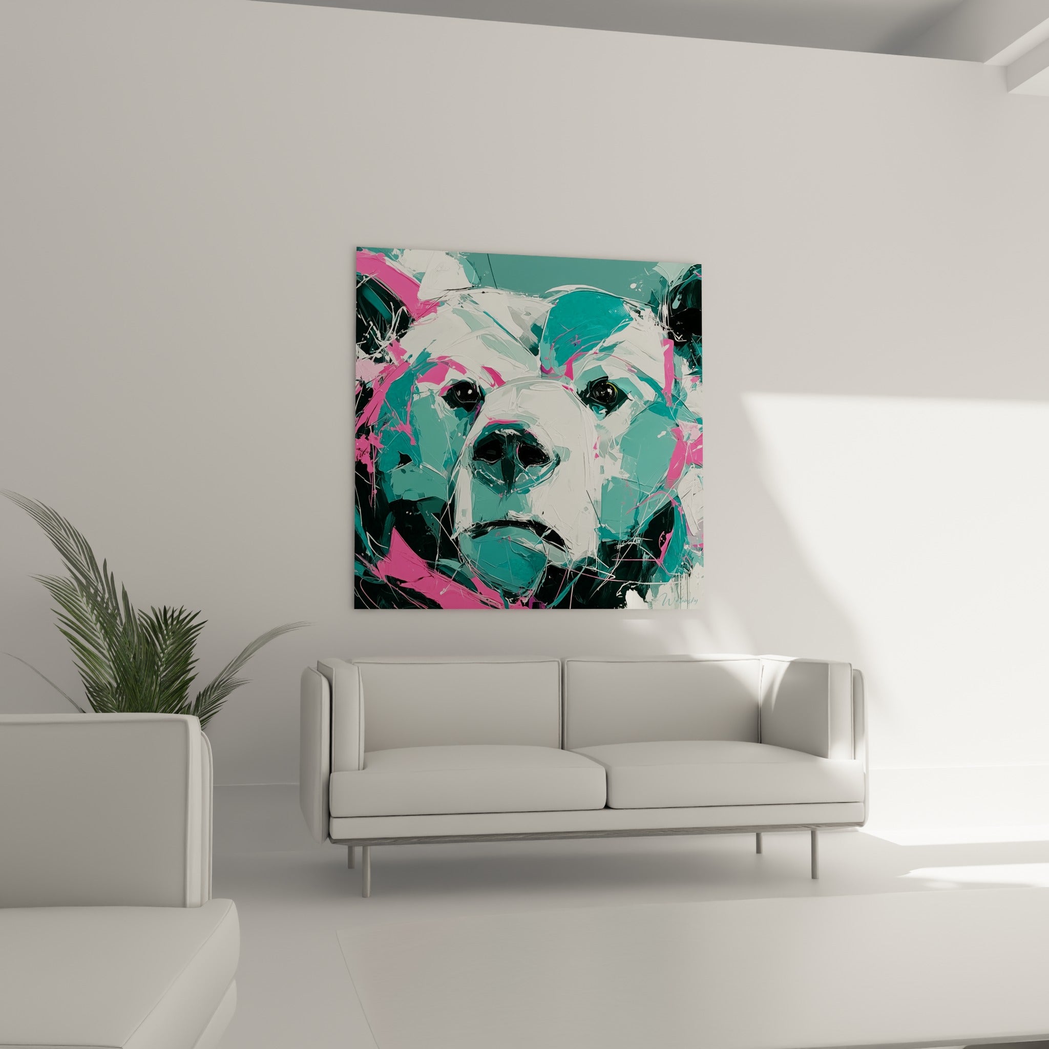 Portrait expressif d'ours brun blanc et turquoise, éclats roses, suspendu au-dessus d'un canapé dans un salon lumineux