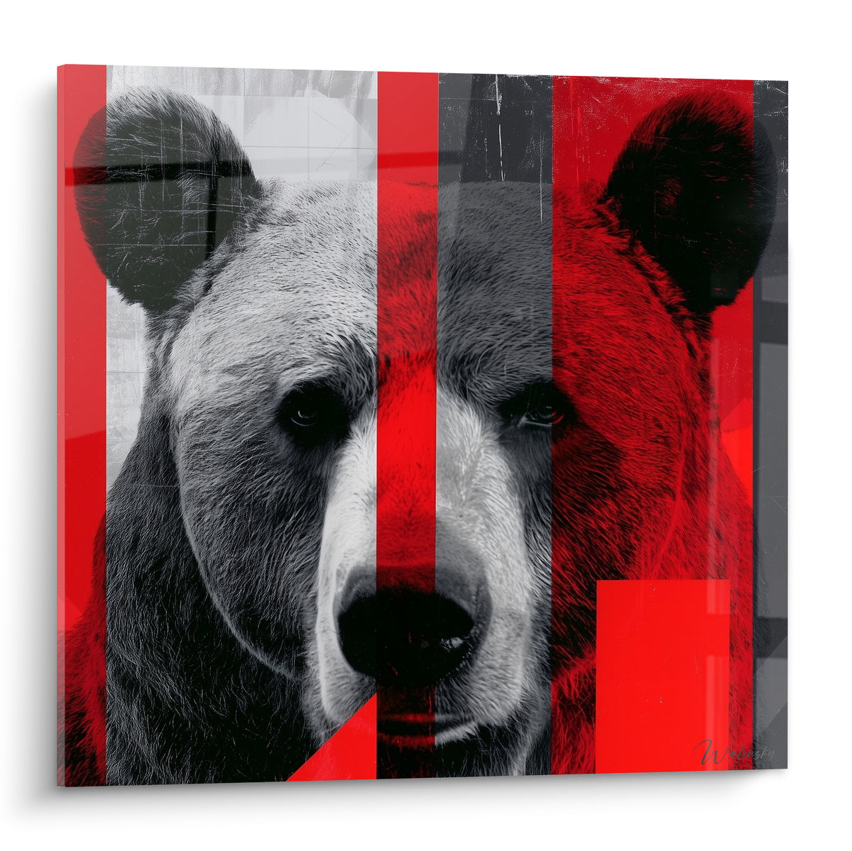 Ours brun au regard sombre, fourrure grise traversée de bandes rouge vif et anthracite éclatantes