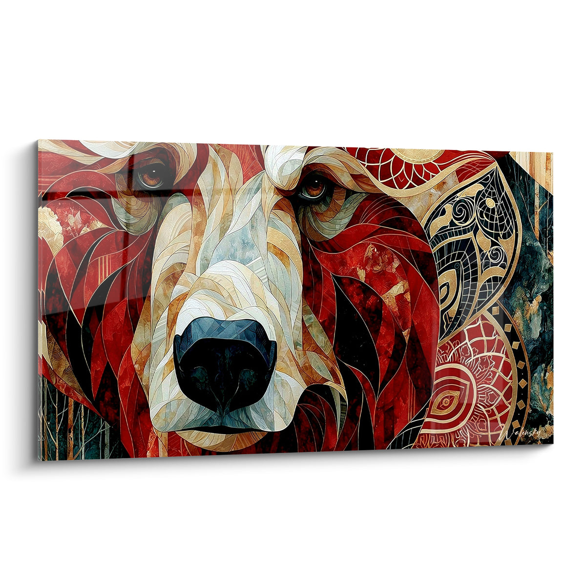 Ours brun face au spectateur, museau ivoire, pelage rouge bordeaux et motifs dorés graphiques