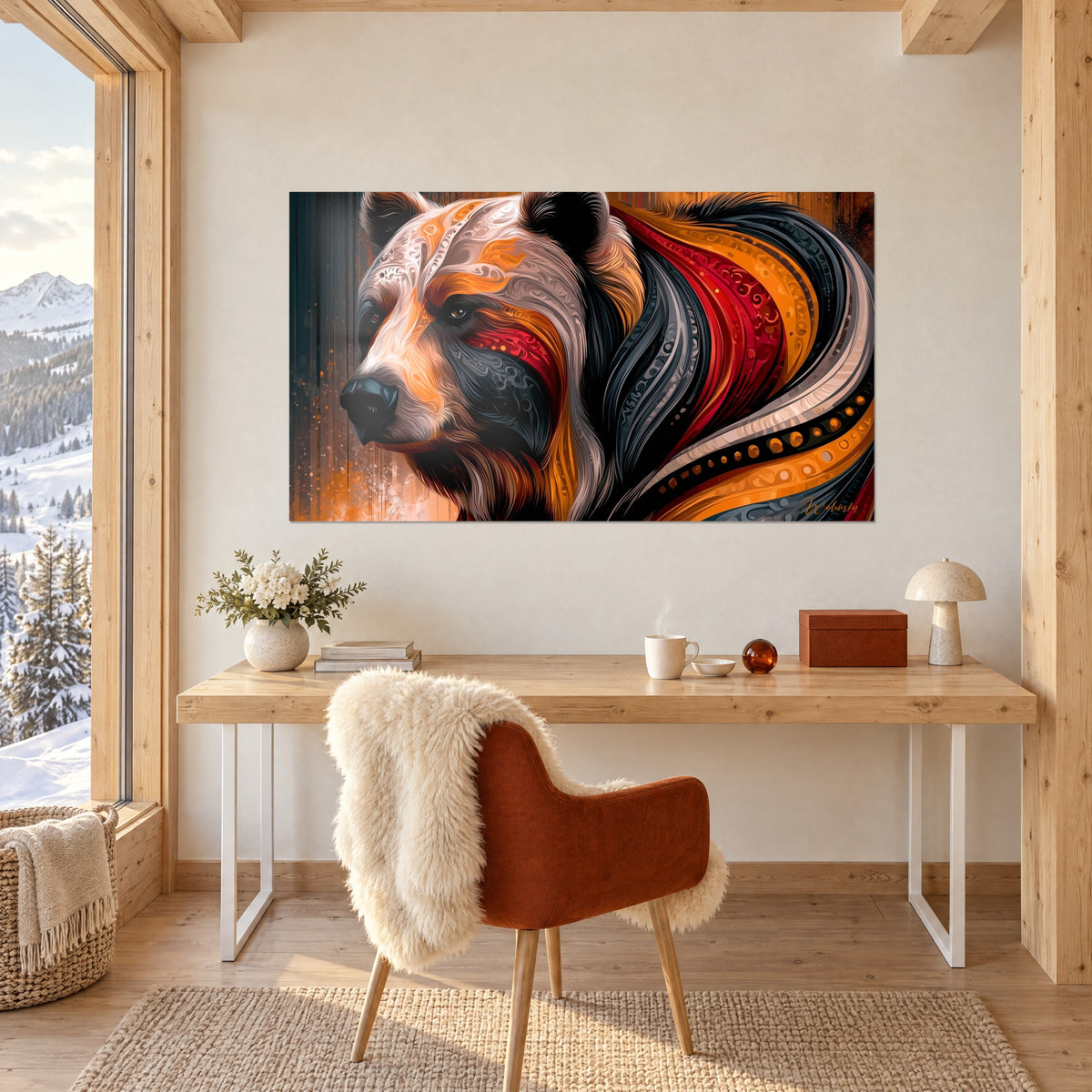 Tableau masque d'ours tribal aux stries noires et safran, museau sombre, accroché au-dessus d'un bureau blanc, fauteuil orange et peau