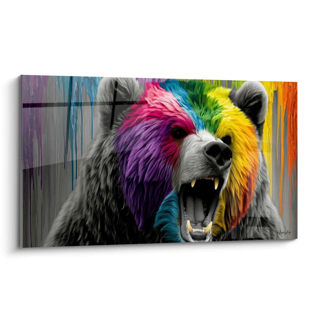 Ours brun rugissant aux couleurs rose violet turquoise et jaune sur fond anthracite avec coulures de peinture