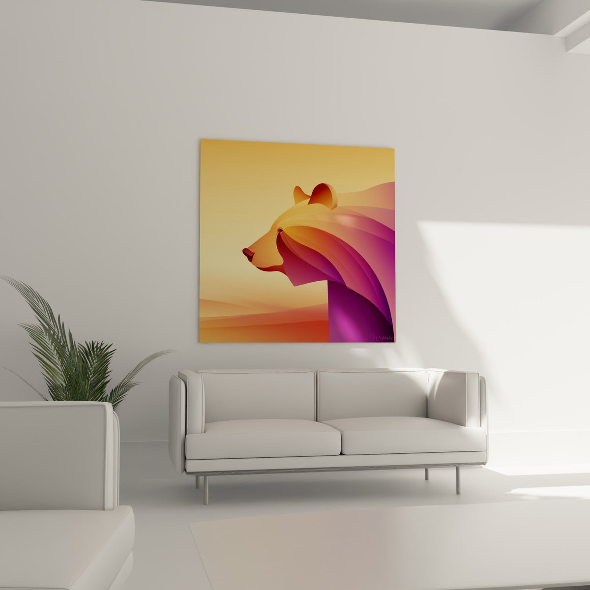 Profil d'ours brun dégradé orange et pourpre suspendu au-dessus d'un canapé dans un salon lumineux