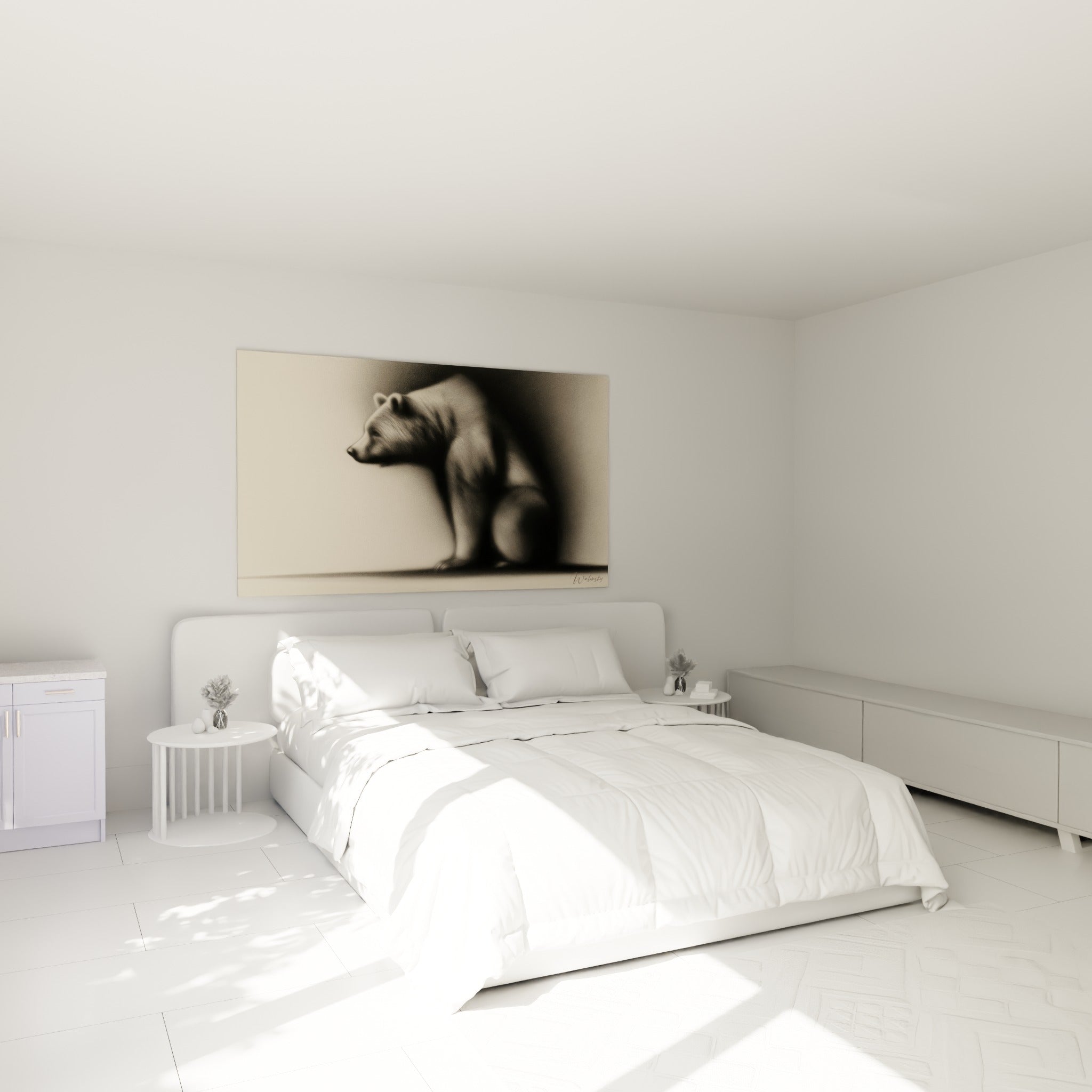 Silhouette d'ours brun ivoire et anthracite accrochée au-dessus d'un lit dans une chambre claire