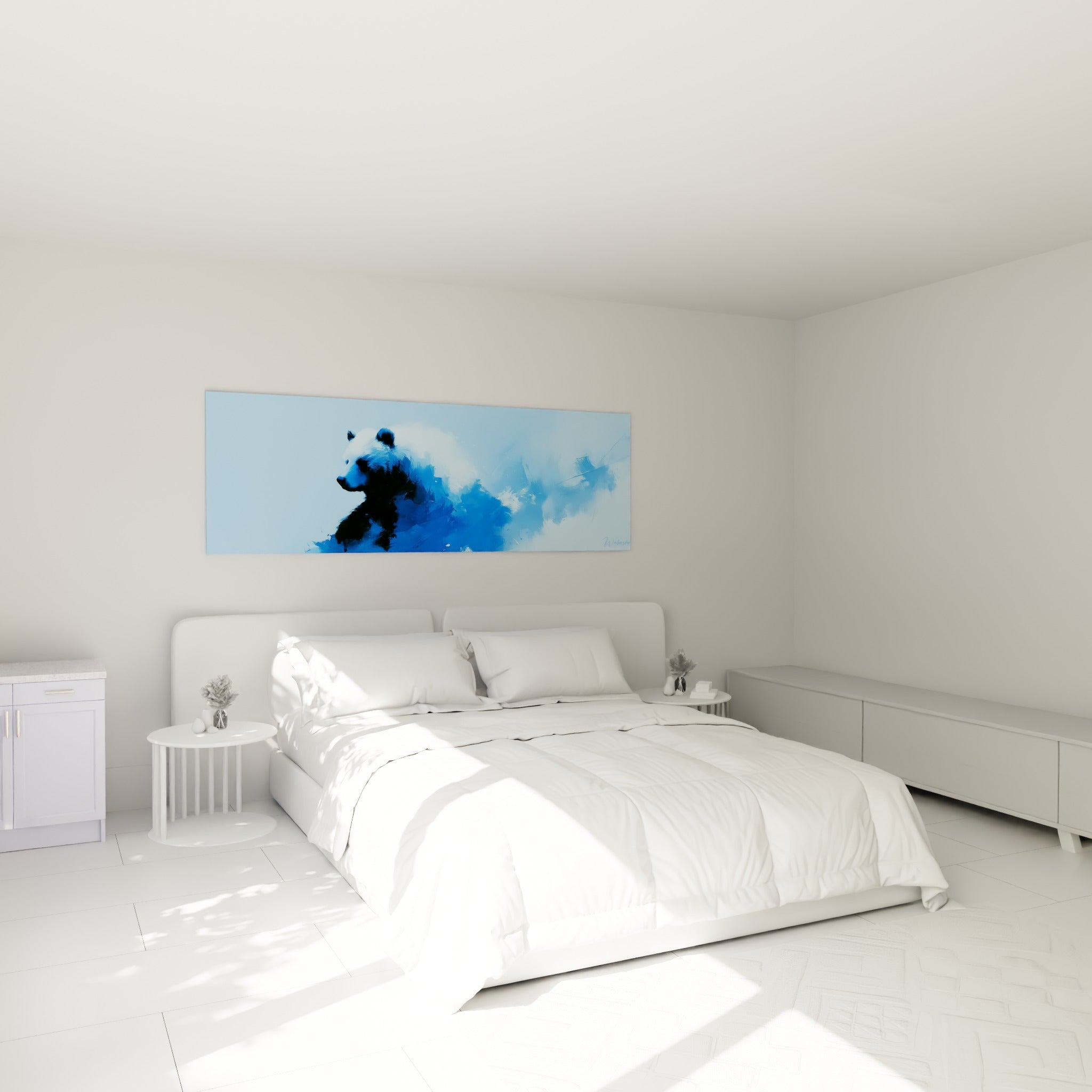 Silhouette d'ours brun noir et bleu marine dilué, accrochée au-dessus d'un lit dans une chambre claire