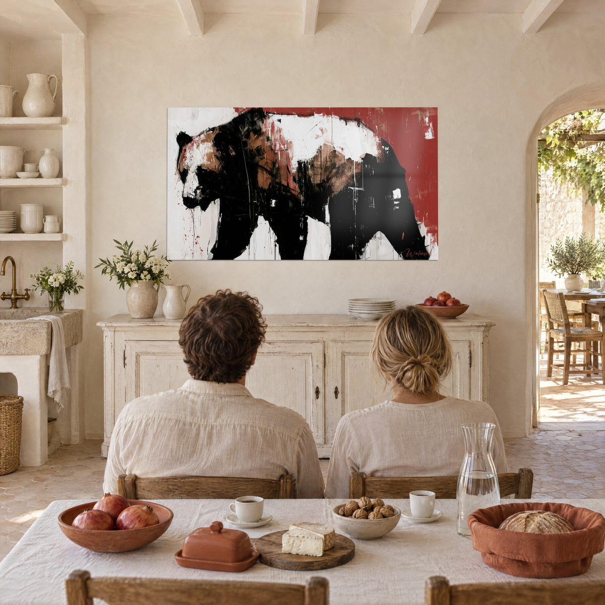 Wall art striding wild cat, black, white and russet brown fur, vivid brushstrokes, in a Provençal dining room
