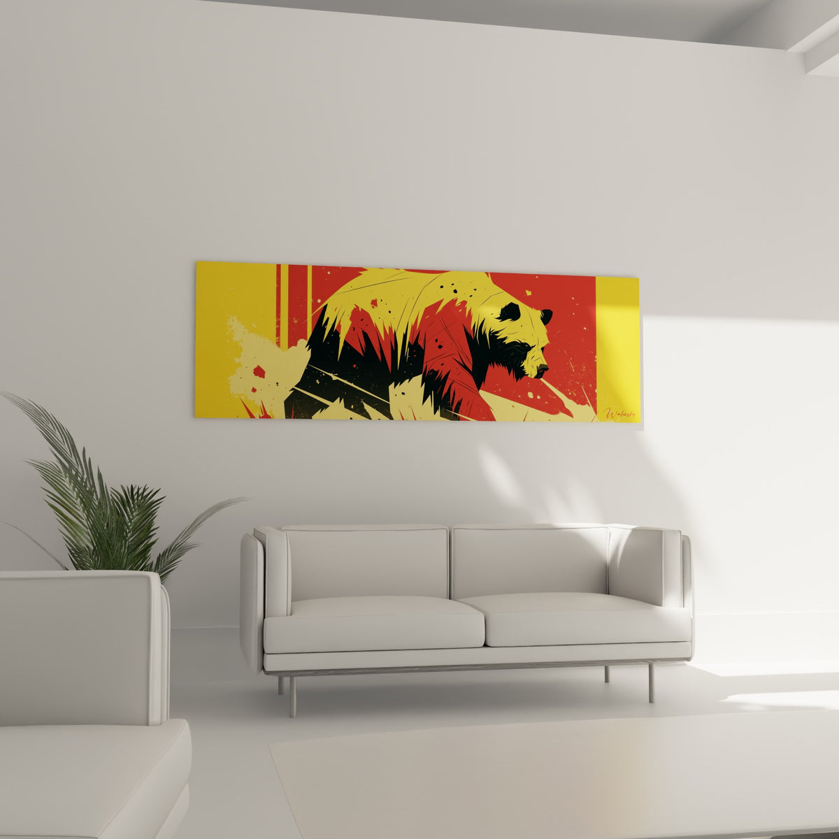 Ours brun stylisé en jaune vif et rouge brique, suspendu au-dessus d'un canapé dans un salon lumineux