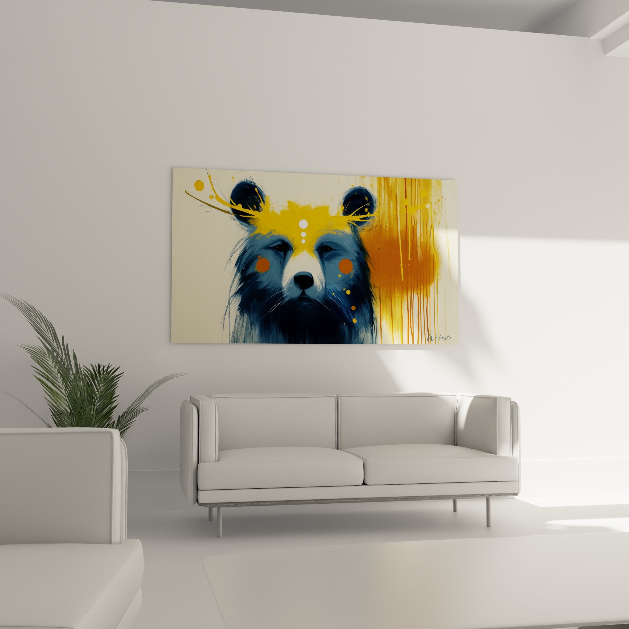 Regard sombre d'ours brun aux touches terracotta et ocre, accroché au-dessus d'un canapé dans un salon lumineux