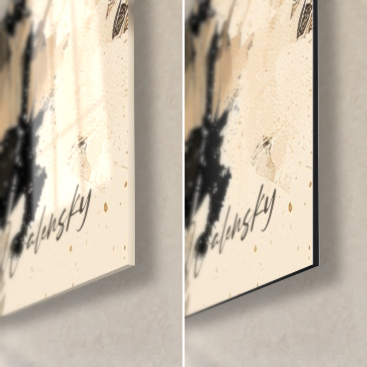 Tableau ours crème et noir, coin bas droit : verre brillant à gauche, Dibond mat à droite, tranche noire de 3 mm