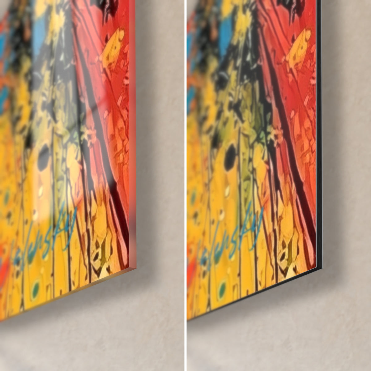Tableau tête d'ours en peinture vive, coin bas droit : verre acrylique brillant à gauche, alu Dibond mat jaune et rouge à droite
