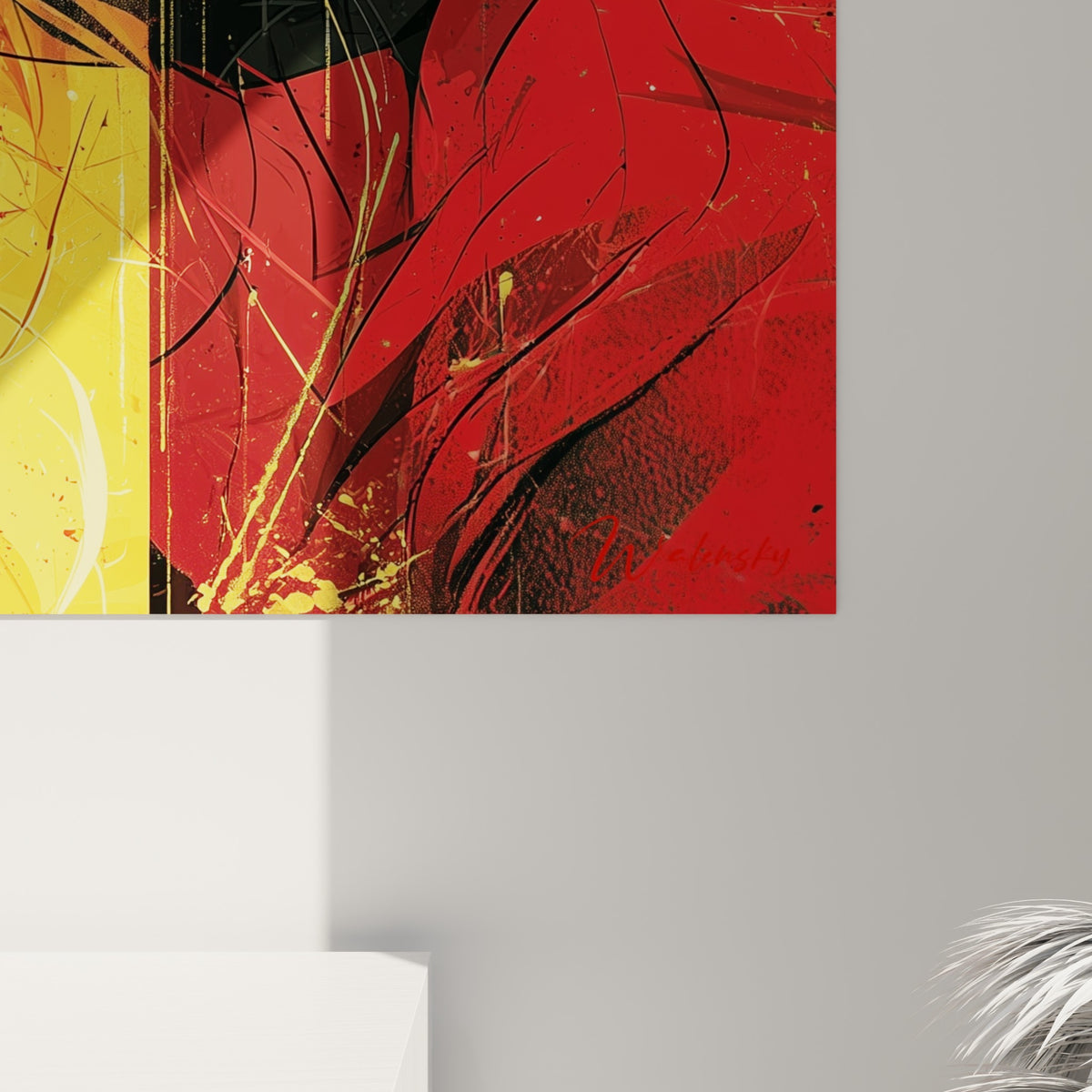 Empâtements rouge et jaune, coulures noires et grain graphique visibles sur le portrait de l'ours brun