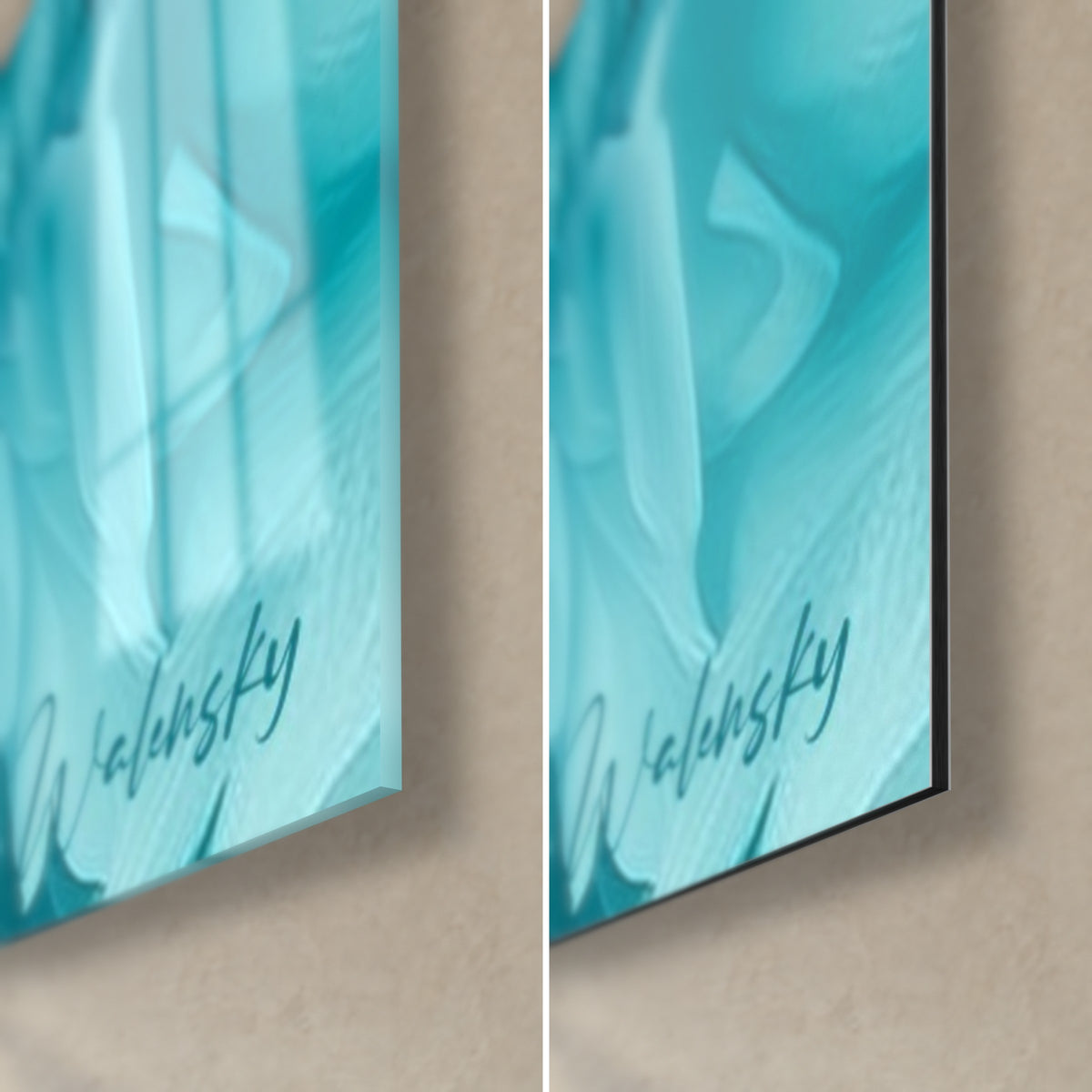 Tableau ours turquoise, coin bas droit: verre acrylique brillant à reflets, alu Dibond mat noir, tranche de 3 mm et signature Walensky