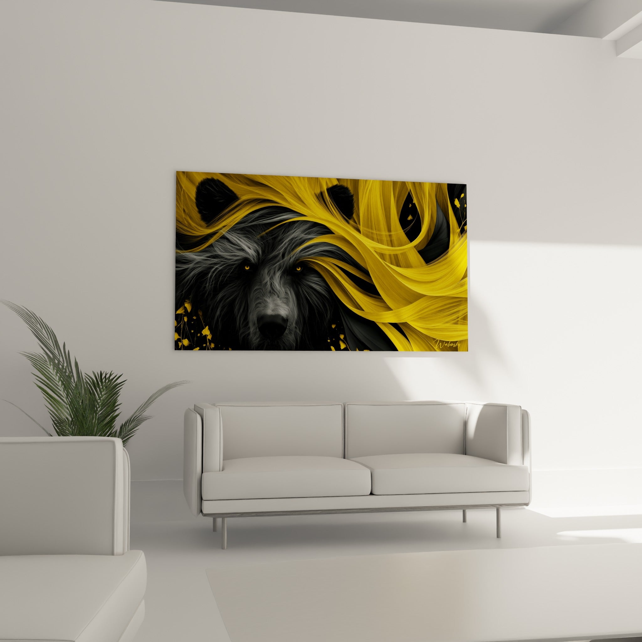 Ours brun noir et jaune vif, tourbillons dorés fluides, accroché au-dessus d'un canapé dans un salon lumineux