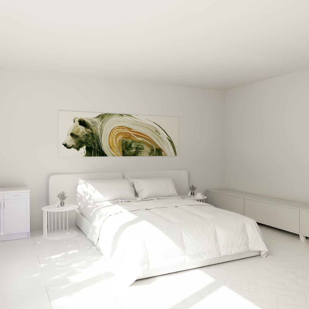 Ours brun aux tourbillons ocre et vert sauge, accroché au-dessus d'un lit dans une chambre claire
