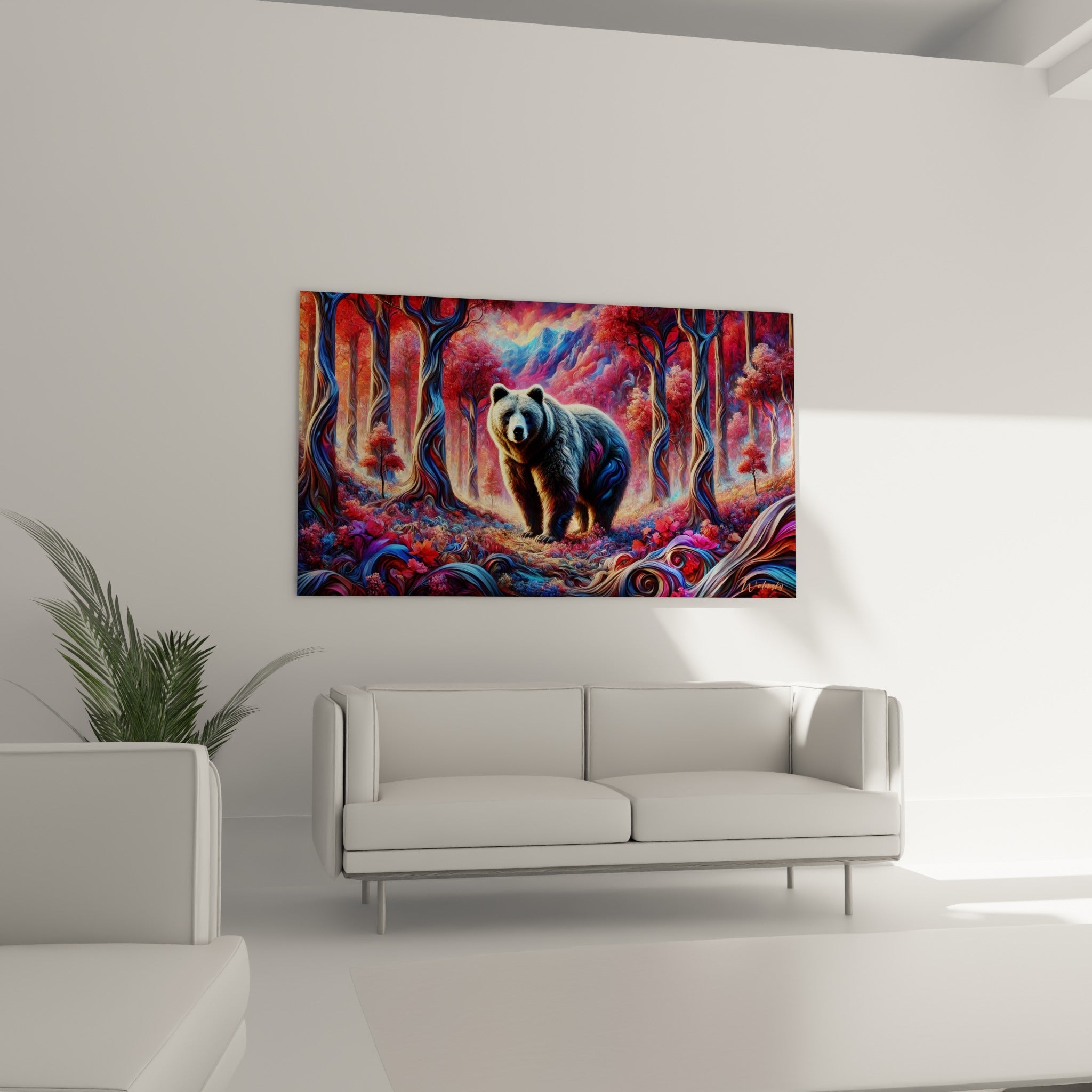 Ours brun dans une forêt tourbillonnante rouge et pourpre, au-dessus d'un canapé dans un salon lumineux