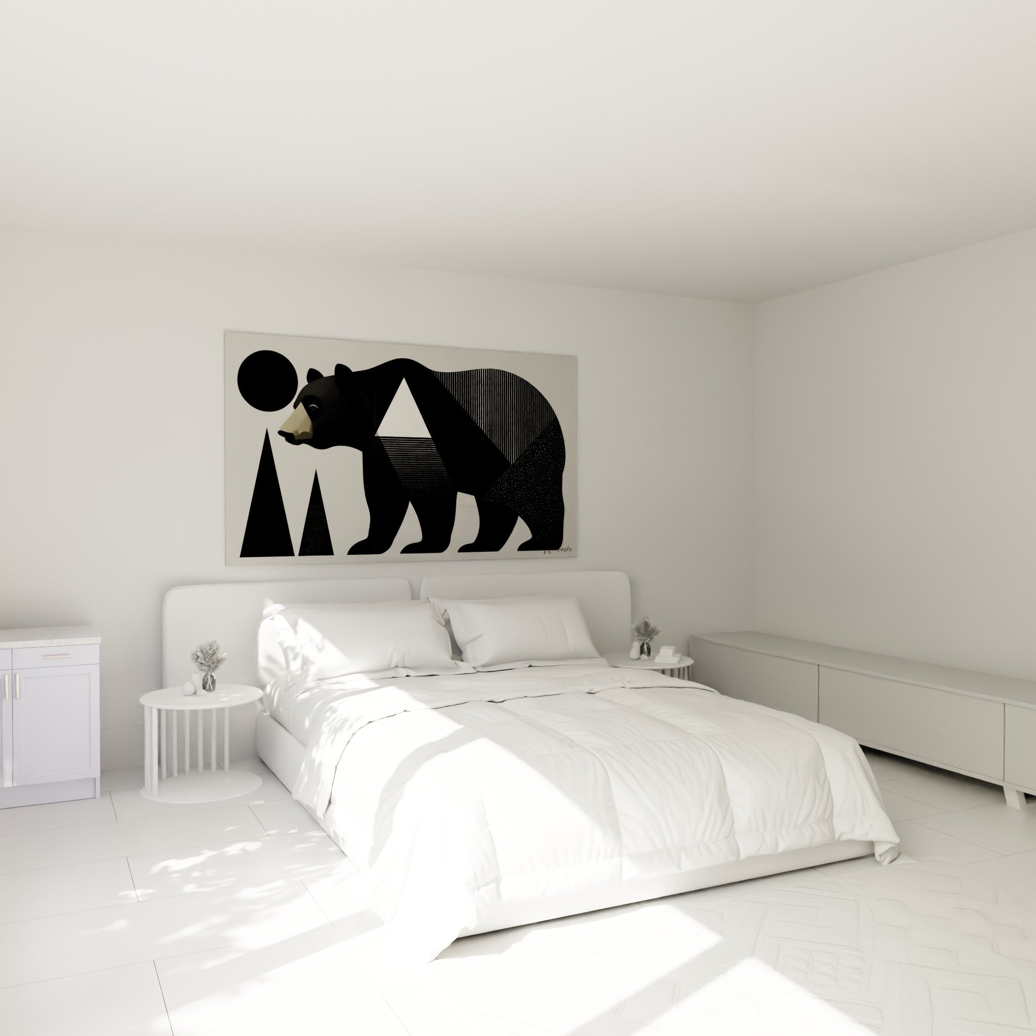 Silhouette d'ours brun anthracite et beige sable accrochée au-dessus d'un lit dans une chambre claire