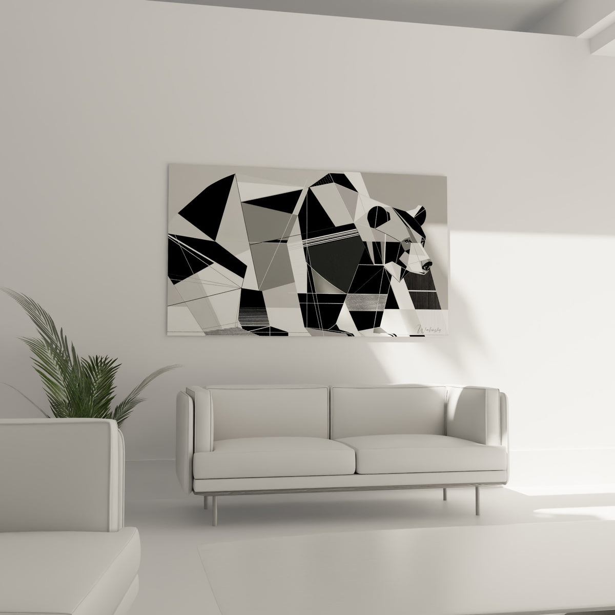 Ours brun stylisé en noir, blanc et gris, formes géométriques nettes, au-dessus d'un canapé dans un salon lumineux
