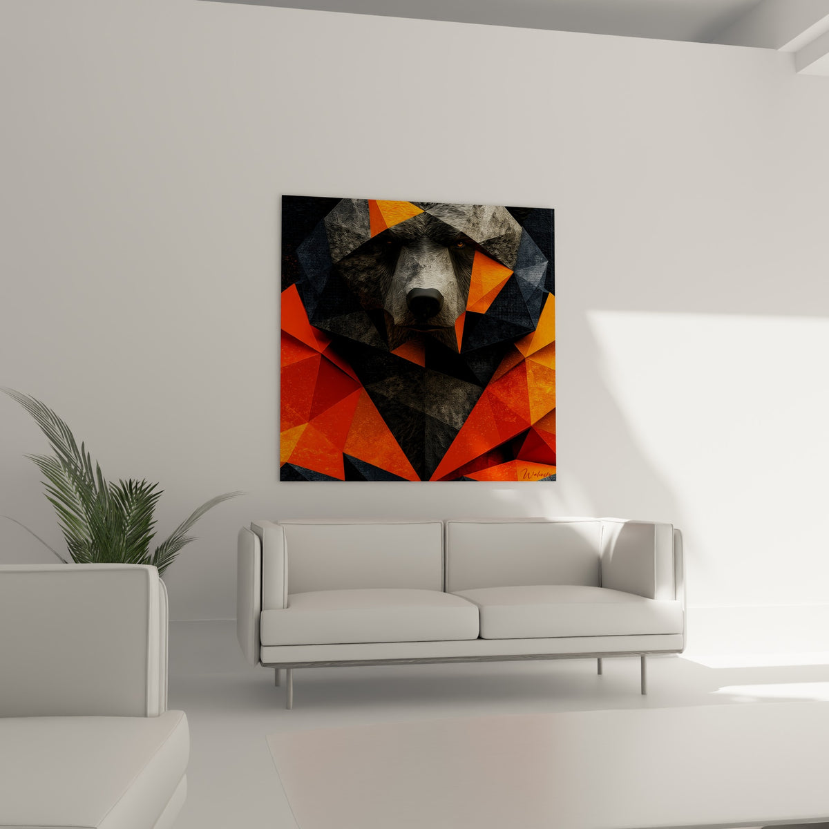 Regard perçant de l'ours brun cerné de gris ardoise et rouge terracotta, au-dessus d'un canapé dans un salon lumineux