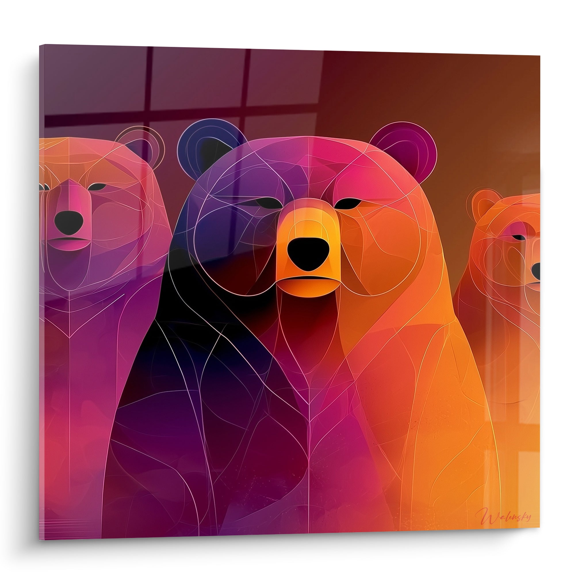 Trois ours bruns stylisés en violet et orange, museaux luisants, fond bordeaux graphique