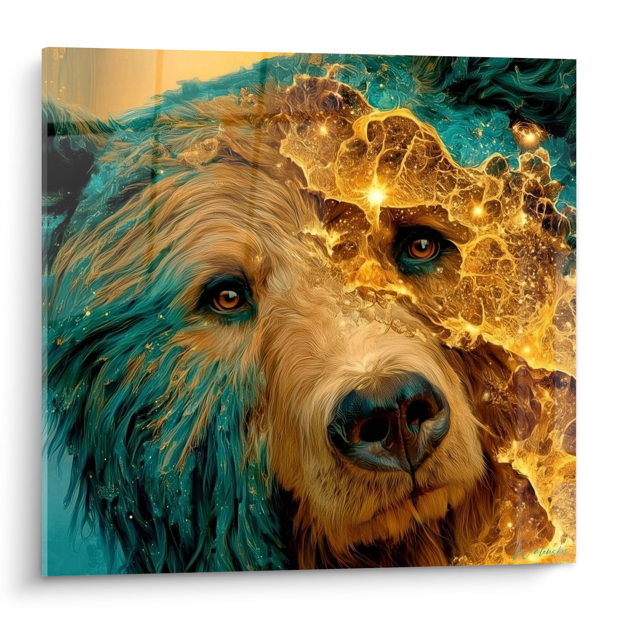 Ours brun au regard ambré, pelage turquoise et fissures dorées, portrait animalier fusionné