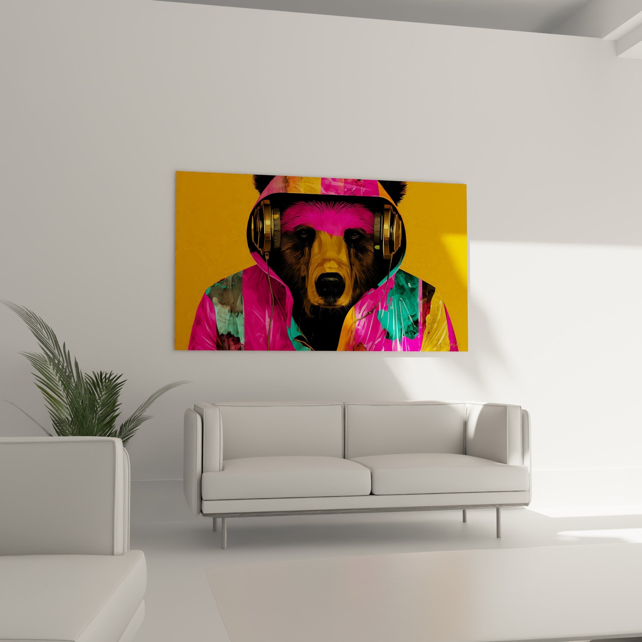Ours brun coiffé d'un casque doré, capuche turquoise et rose, au-dessus d'un canapé dans un salon lumineux