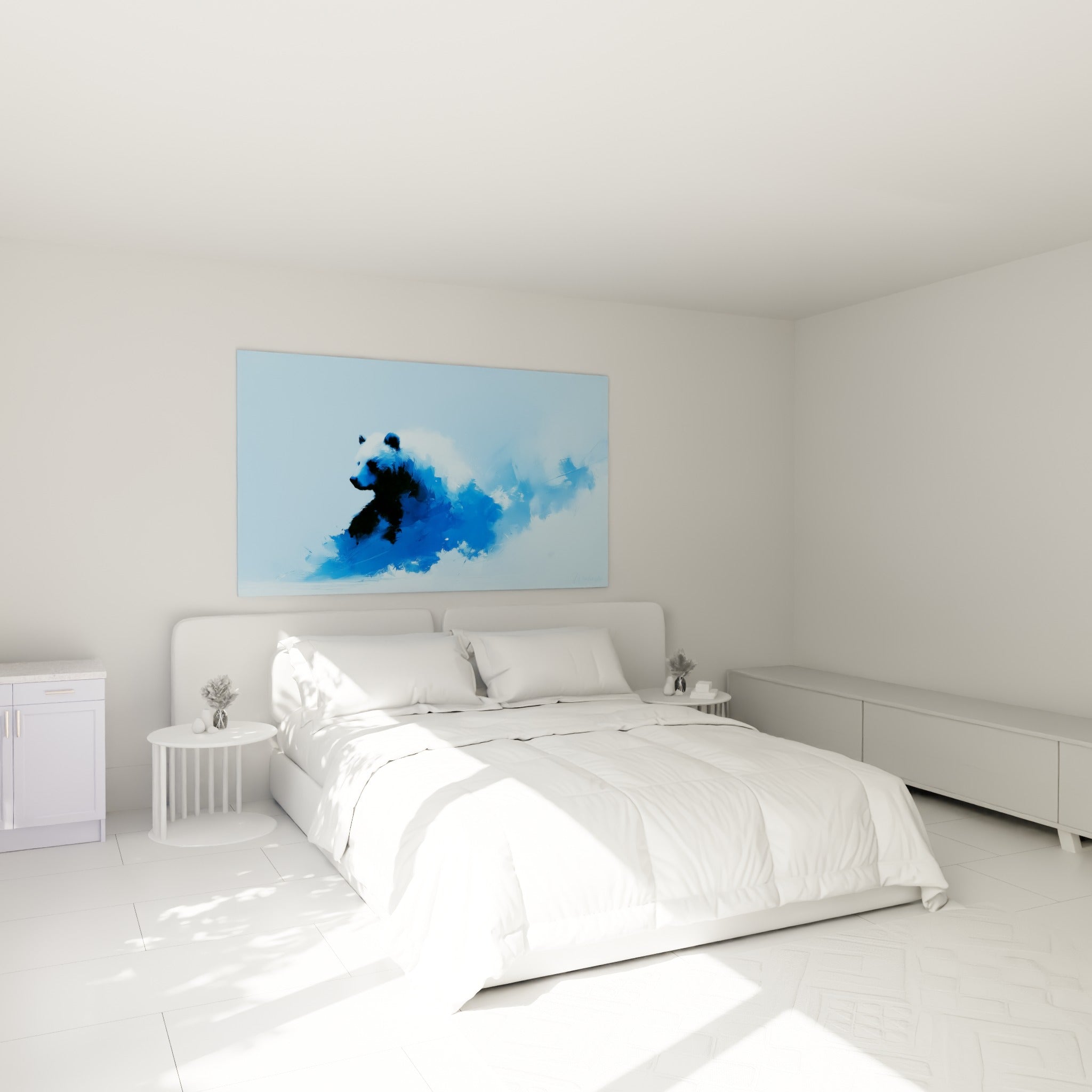 Silhouette d'ours brun bleu marine et blanc au-dessus d'un lit dans une chambre claire