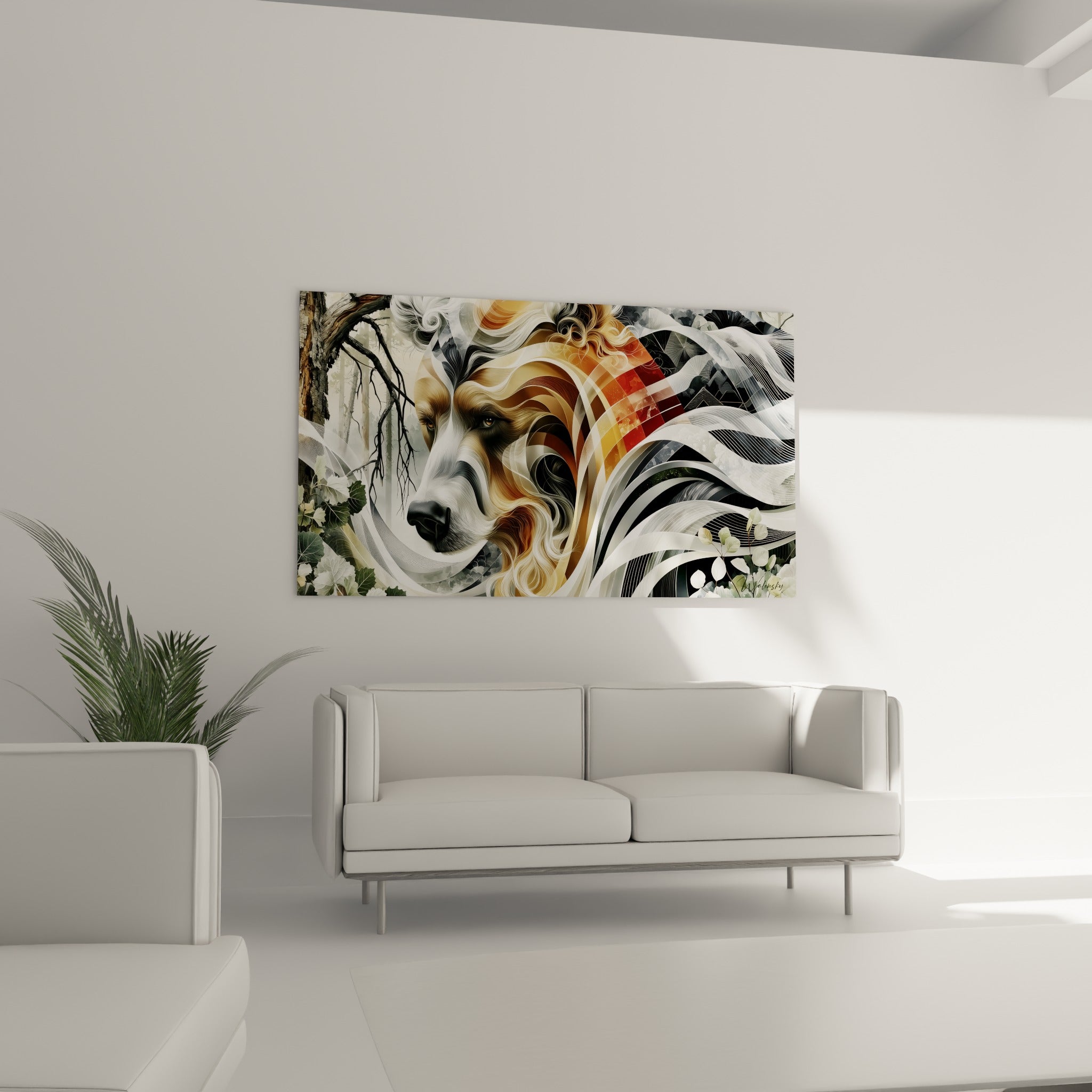 Vagues ocre et anthracite enveloppant la tête de l'ours brun, au-dessus d'un canapé dans un salon lumineux
