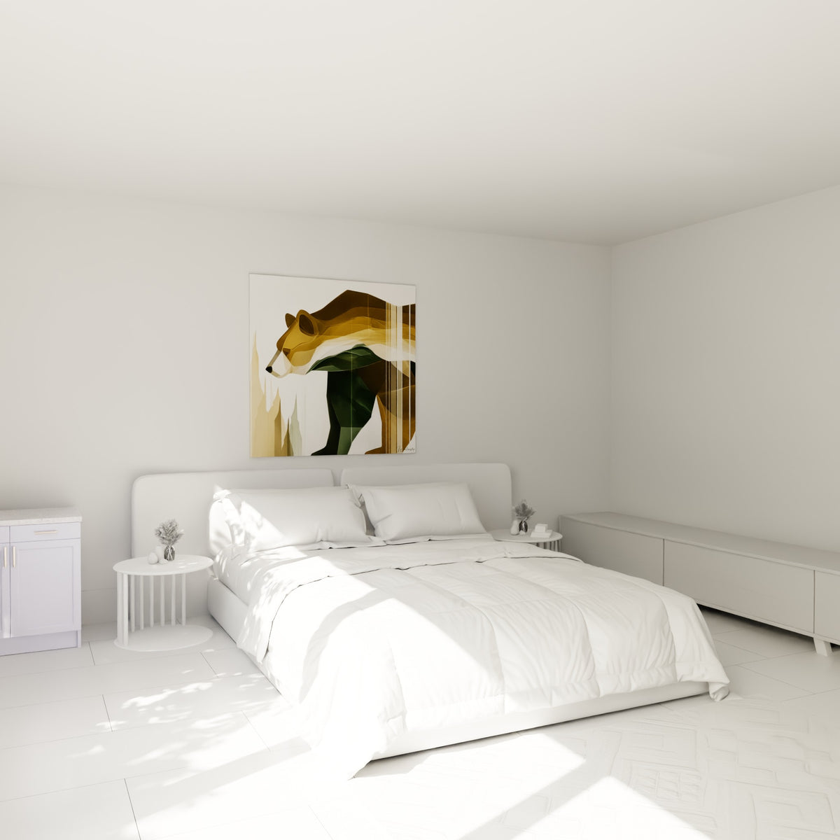 Silhouette d'ours brun aux teintes ocre et vert sapin accrochée au-dessus d'un lit dans une chambre claire