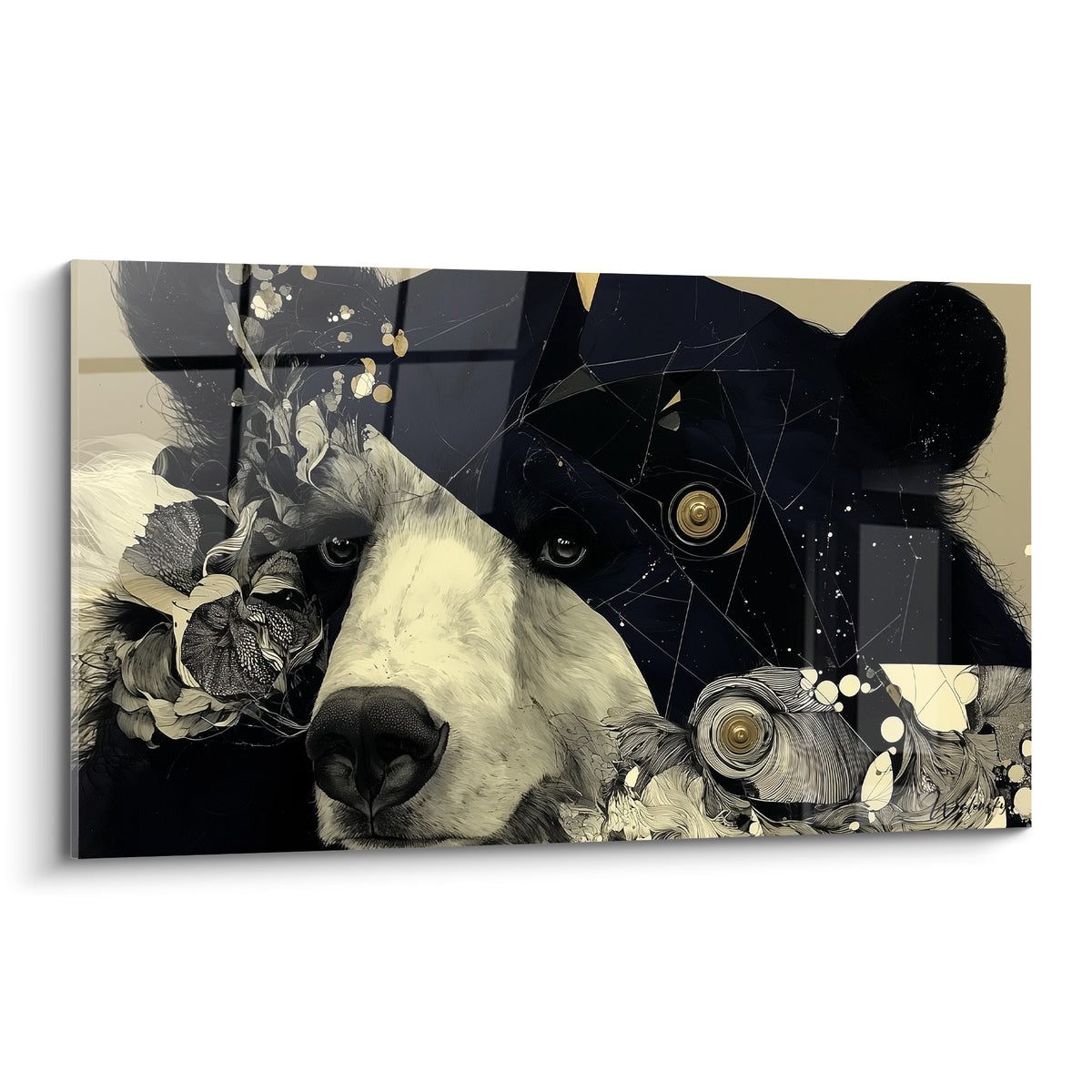 Ours brun mi-esquissé mi-géométrique aux yeux dorés, contraste crème et noir anthracite intense