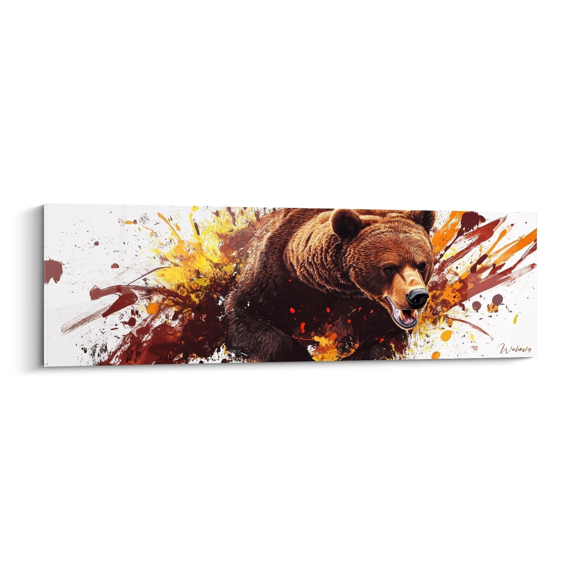 Tableau ours brun artistique avec éclaboussures de peinture jaune et rouge par Walensky