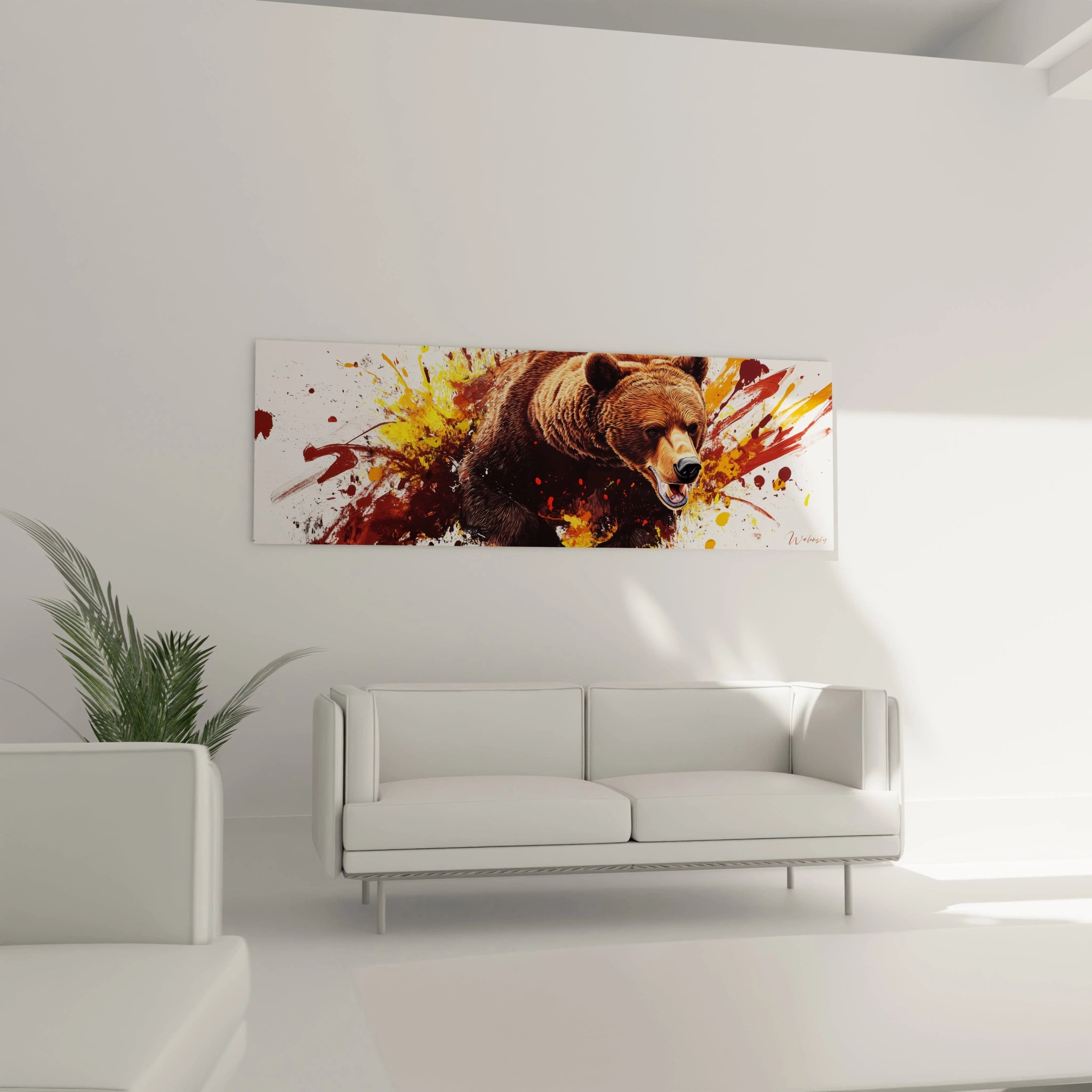 Tableau ours brun Walensky avec design artistique coloré accroché au-dessus d'un canapé blanc dans un salon moderne