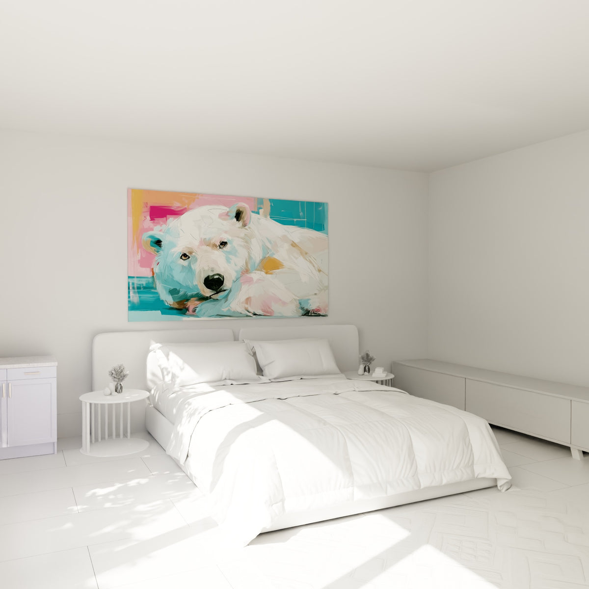 Ours polaire endormi aux touches roses et bleu sarcelle, au-dessus d'un lit dans une chambre claire