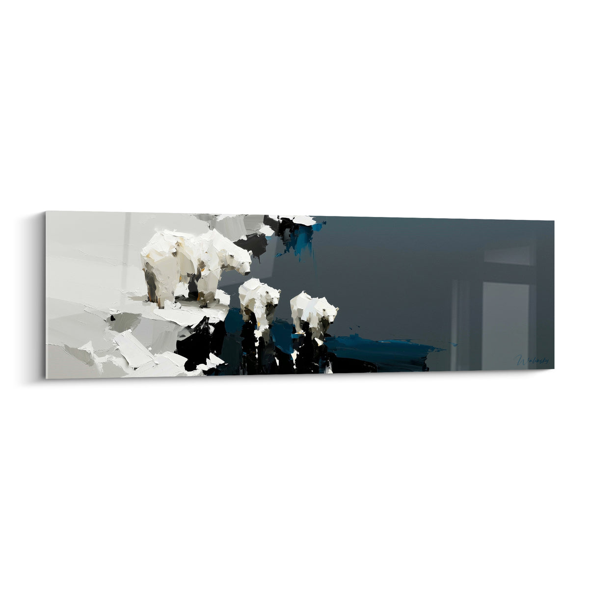 Ours polaires blancs en marche sur une roche, fond anthracite et touches bleu marine au couteau