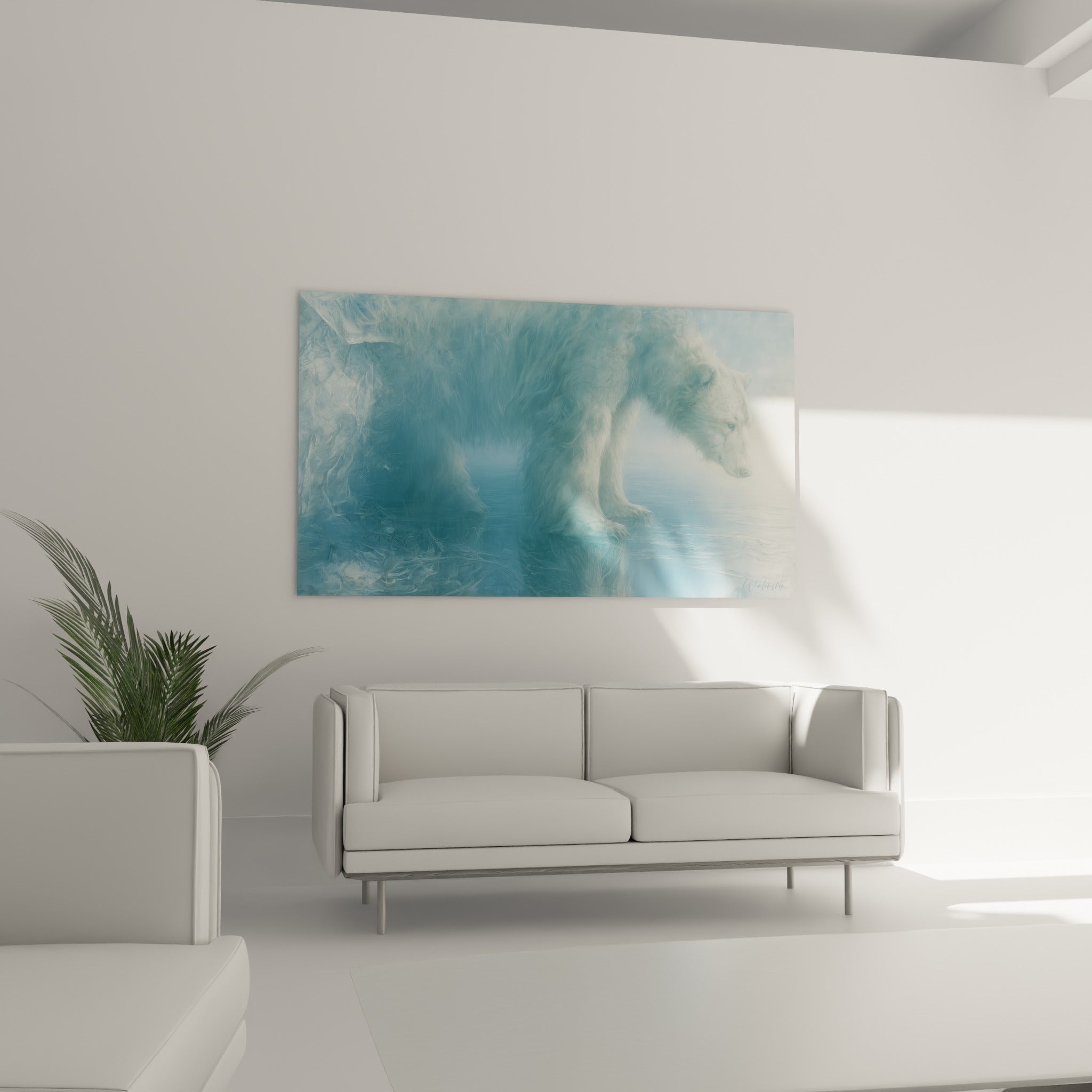 Ours polaire reflété dans l'eau, tons bleu pastel et anthracite, au-dessus d'un canapé dans un salon lumineux
