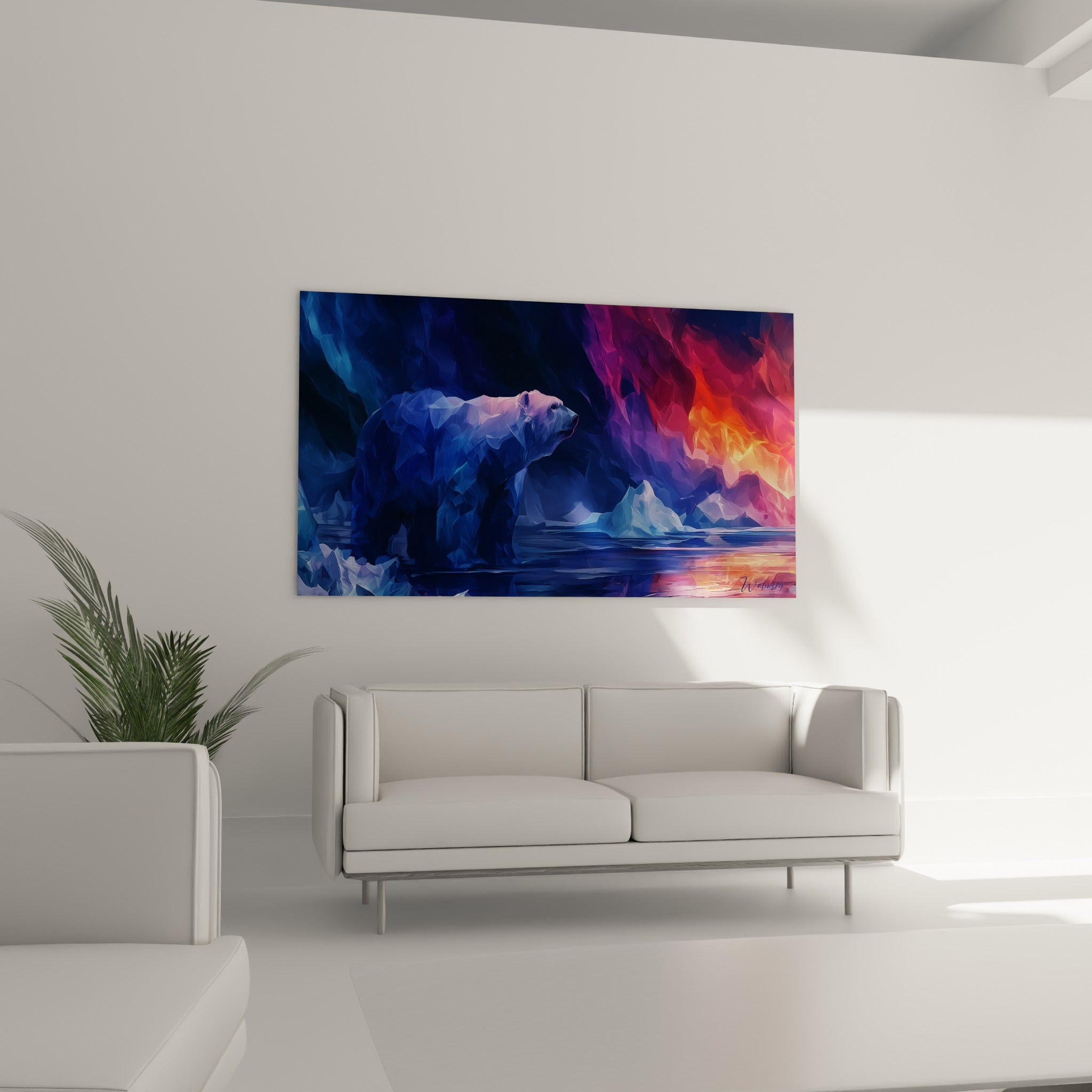 Silhouette d'ours polaire anthracite et rouge flamme suspendue au-dessus d'un canapé dans un salon lumineux