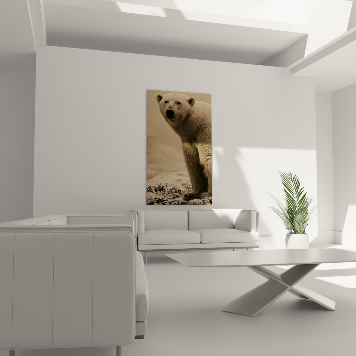 Ours polaire anthracite et blanc immortalisé dans la neige, suspendu au-dessus d'un canapé dans un salon lumineux