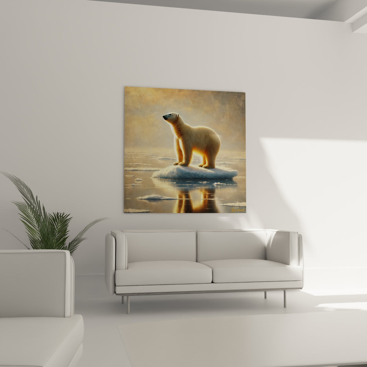 Animal arctique baigné de lumière dorée sur glace bleutée, au-dessus d'un canapé dans un salon lumineux