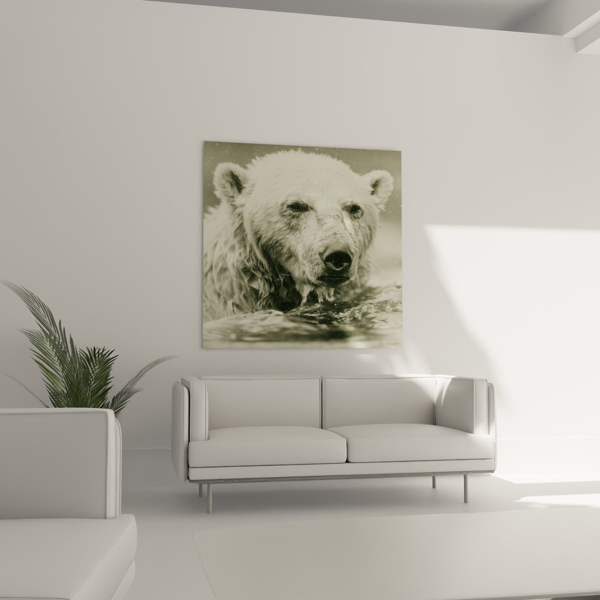 Tête d'ours polaire ruisselante, tons anthracite et crème, suspendue au-dessus d'un canapé dans un salon lumineux